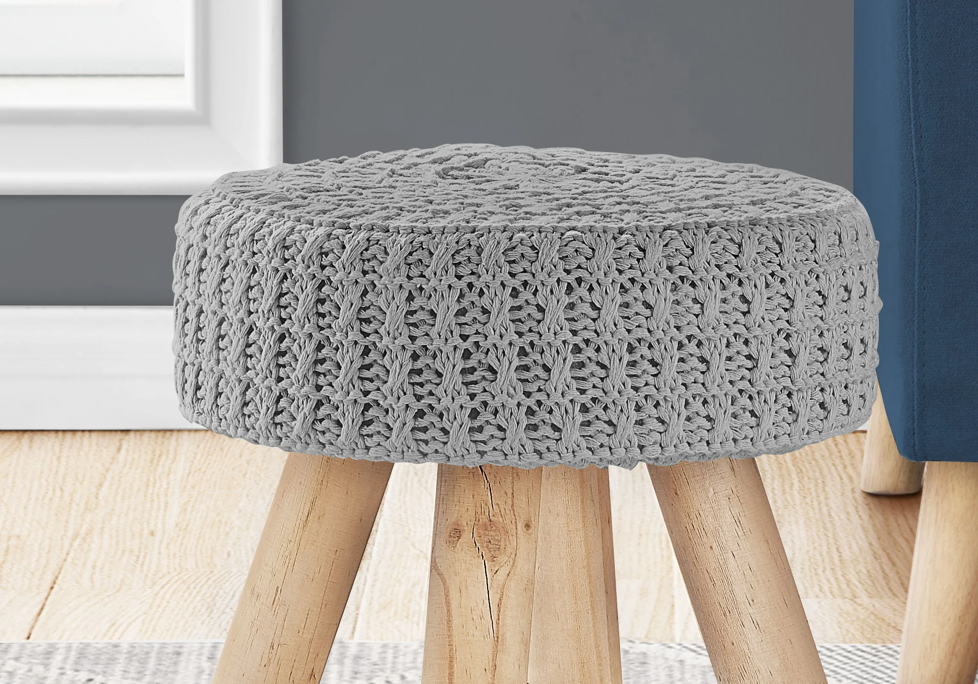 Ottoman, Pouf, Footrest, Foot Stool, Round, Natural Wood Legs, Contemporary, Modern - Image 8