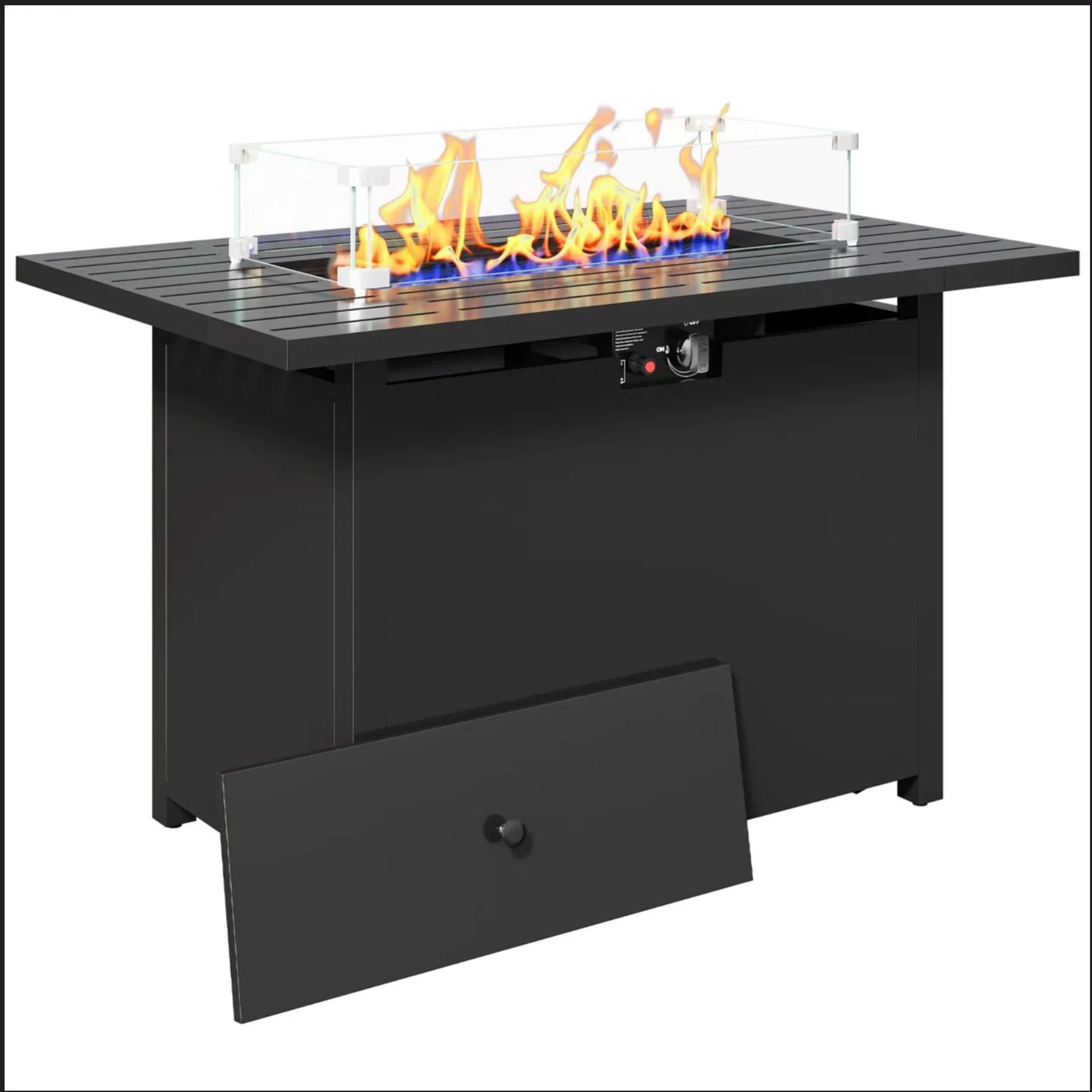 Outdoor 2 In 1 Gas Fire Pit Table With Lid & Glass Shield, Stainless Burner, Lava Rock, Rectangular Design - Black - Image 9