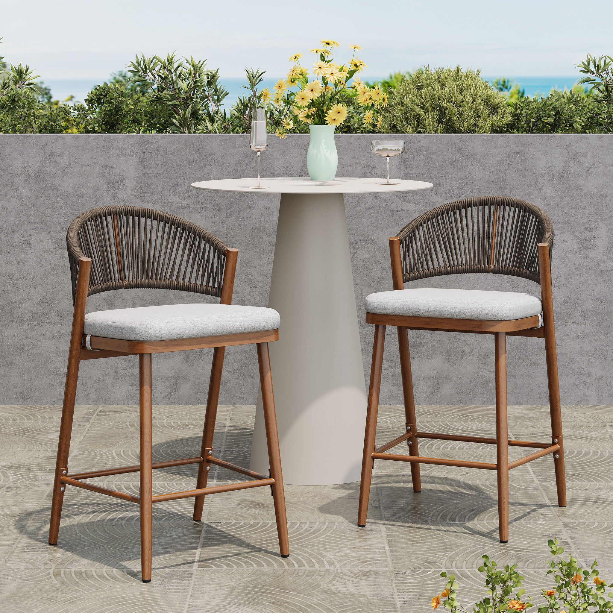 Outdoor 26" Counter Height Metal Frame Counter Stools With Scallop Shaped Backrest & Water Resistant Cushions - Image 25
