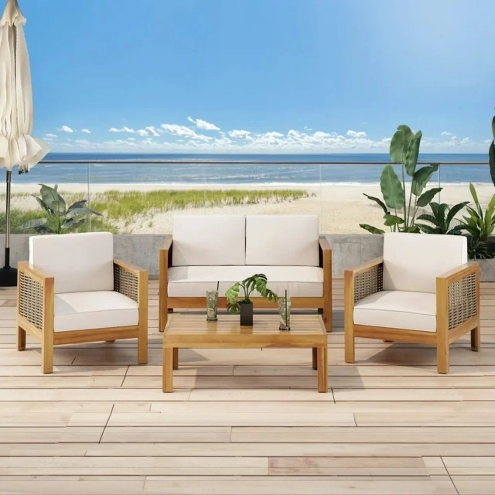 Outdoor 4 Seater Acacia Wood Chat Set With Wicker Accents And Cushions - Teak / Mixed Brown / Beige - Image 3