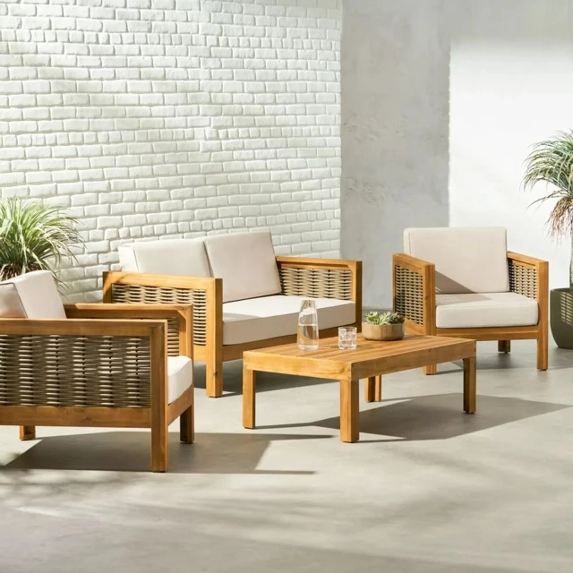 Outdoor 4 Seater Acacia Wood Chat Set With Wicker Accents And Cushions - Teak / Mixed Brown / Beige - Image 9