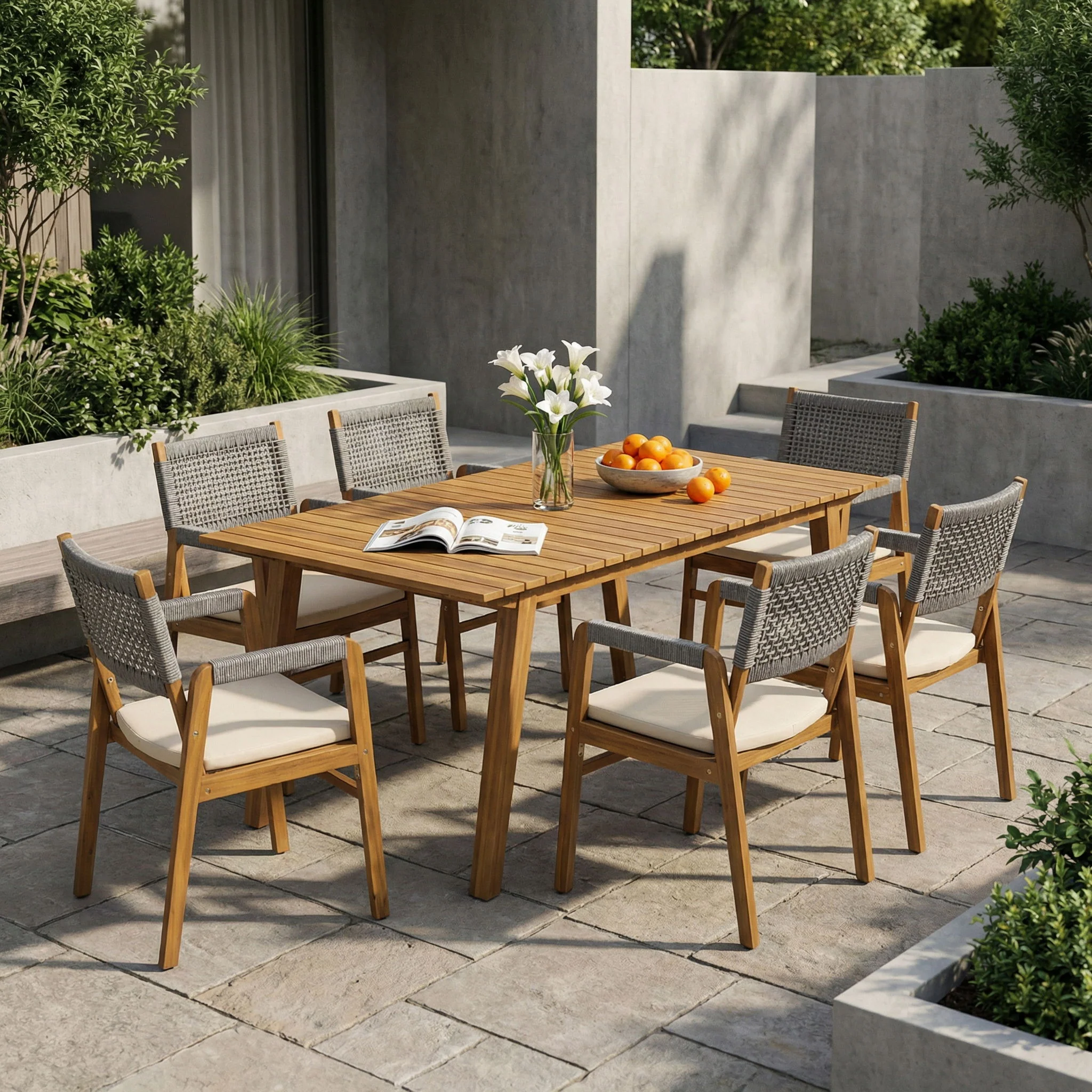 Outdoor 7 Pieces Patio Slat Design Acacia Upholstered Dining Set - Image 2