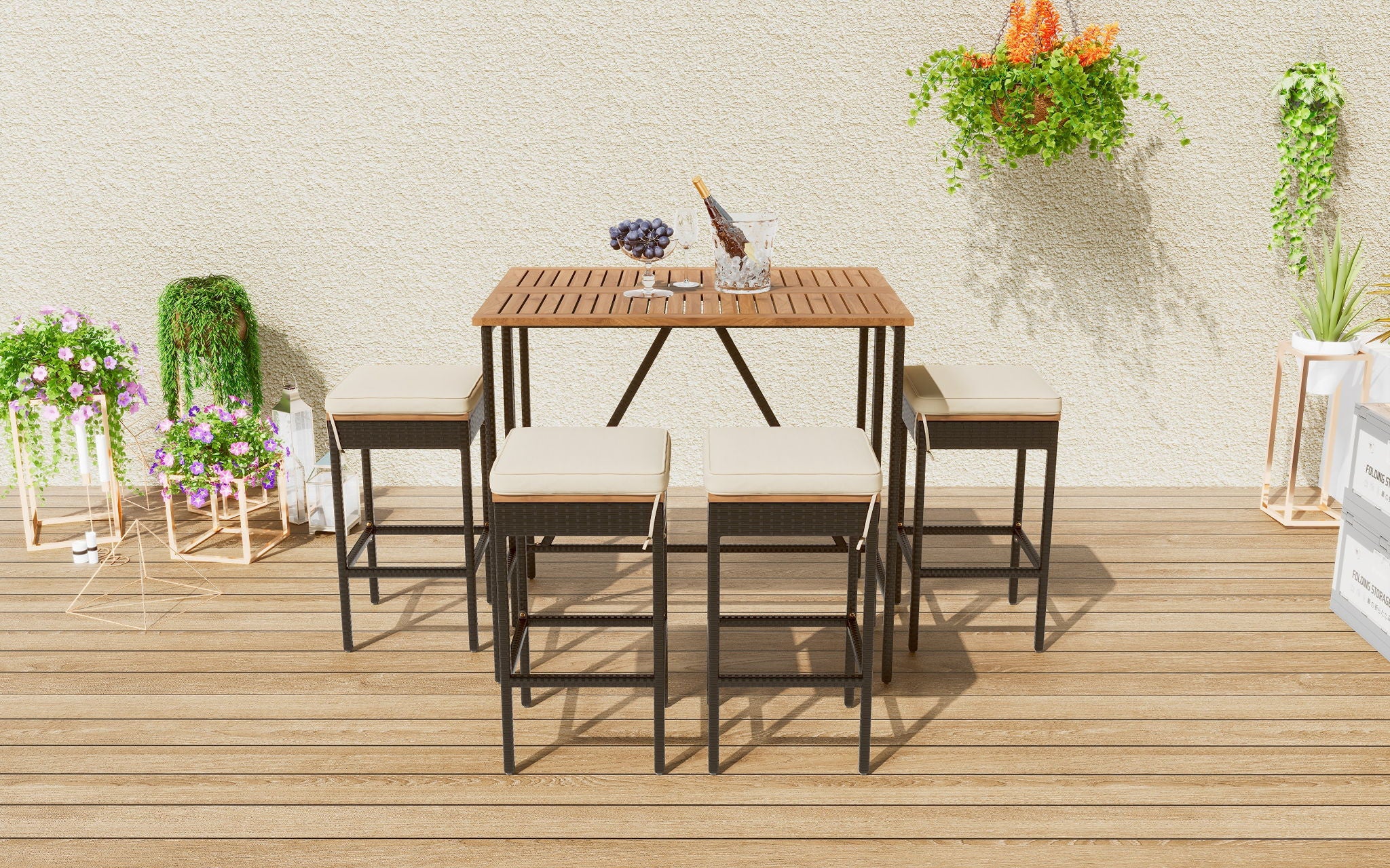 Outdoor Acacia Wood Bar Height Table And Eight Stools With Cushions - Image 14