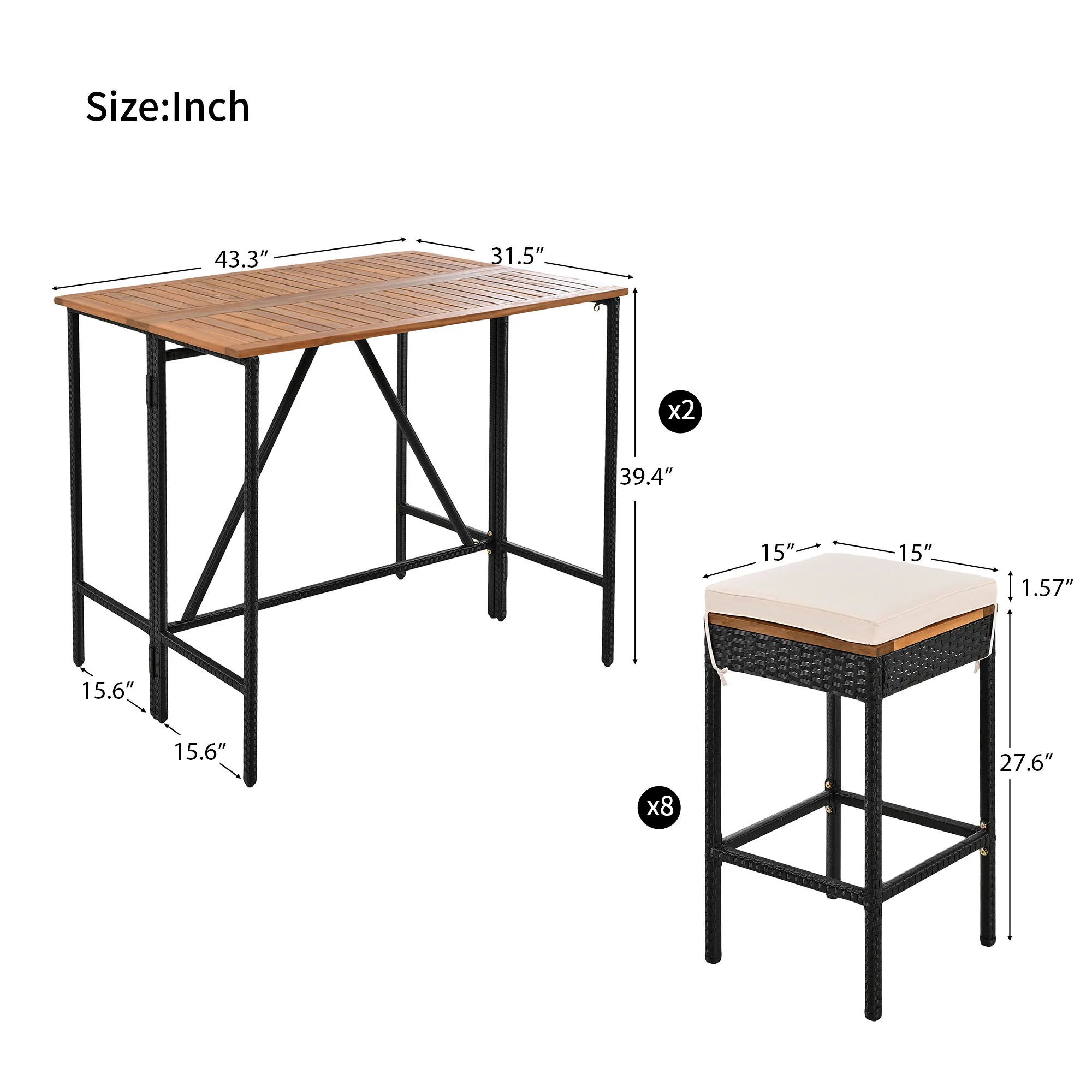 Outdoor Acacia Wood Bar Height Table And Eight Stools With Cushions - Image 5