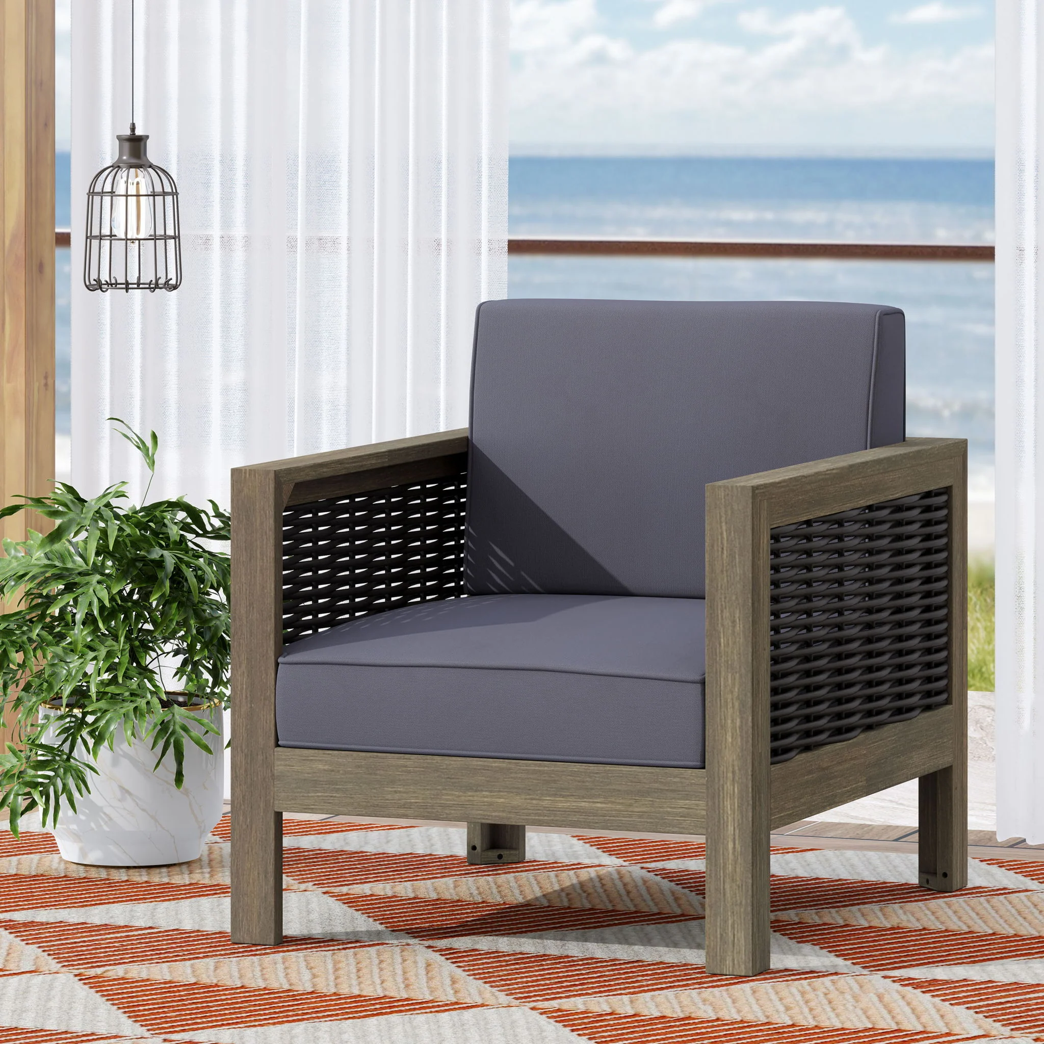 Outdoor Acacia Wood Club Chair With Wicker Accents - Image 12