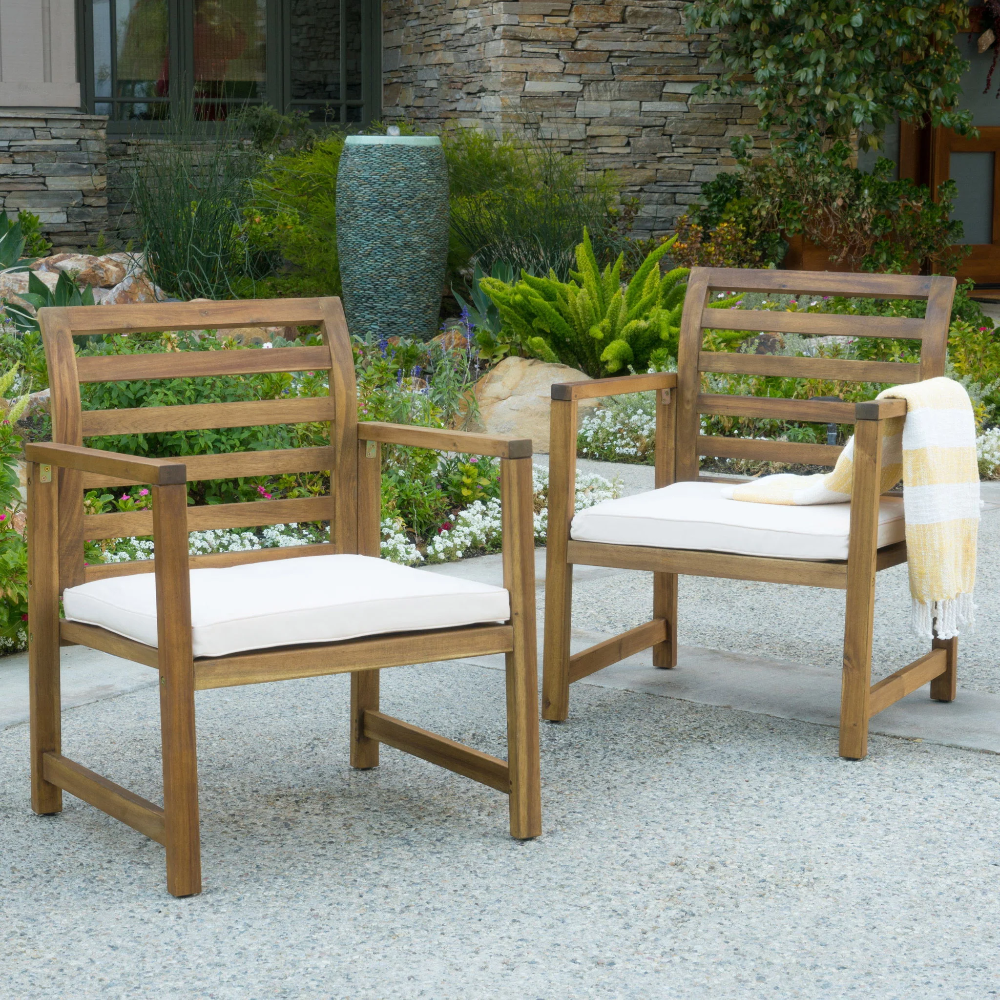 Outdoor Acacia Wood Club Chairs, 2 Pieces Set - Natural Stained / White - Image 9