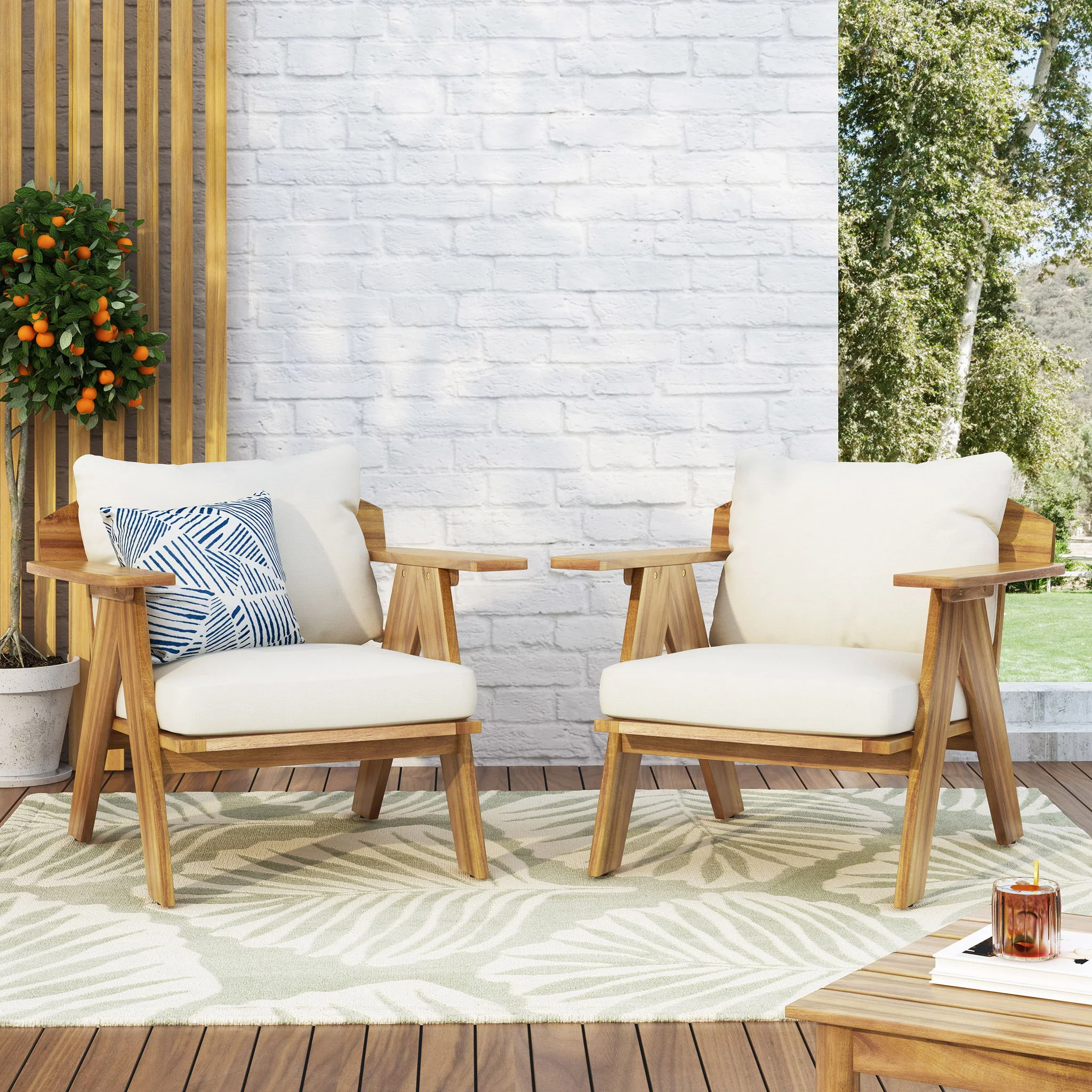 Outdoor Acacia Wood Club Chairs With Cushions (Set of 2) - Teak / Beige - Image 9