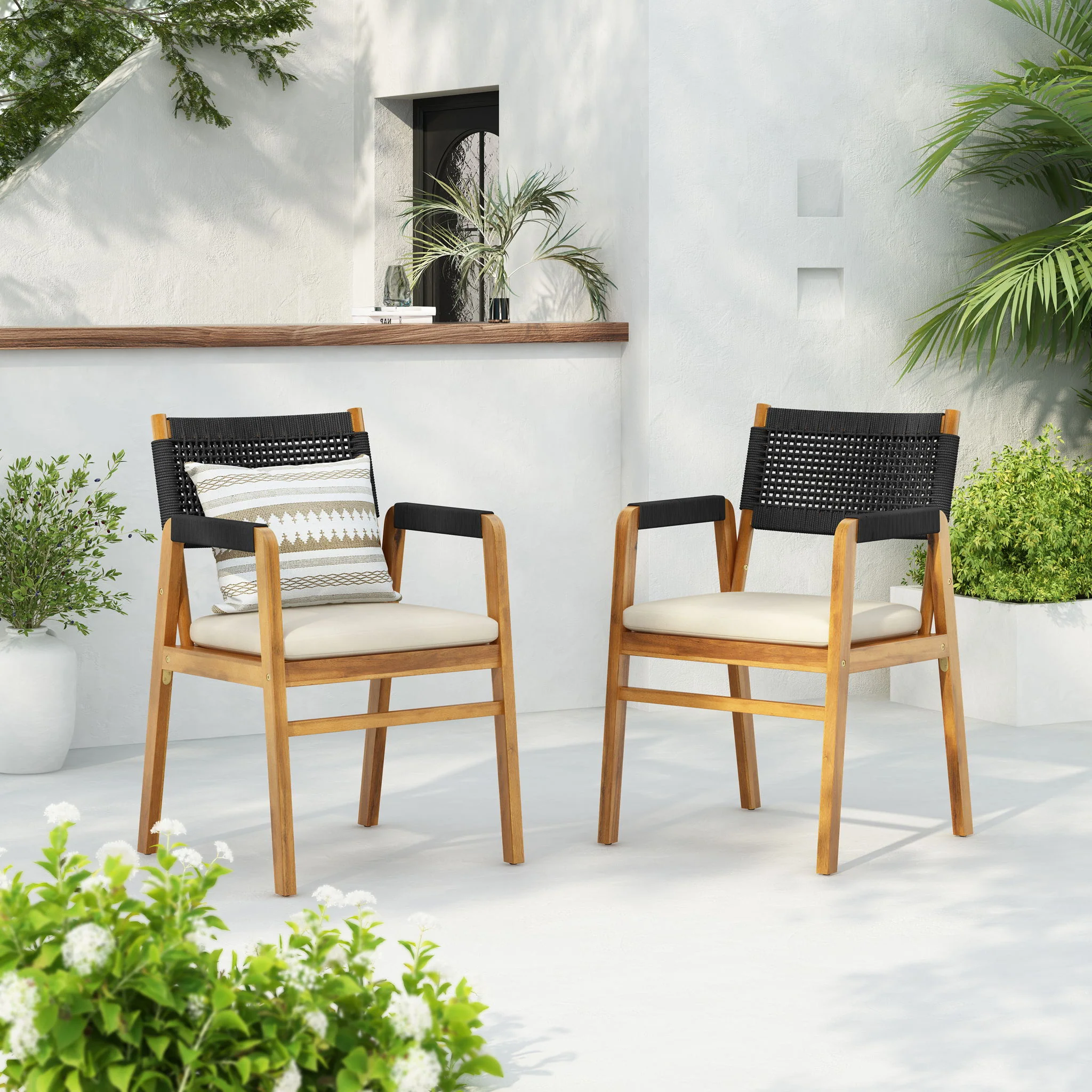 Outdoor Acacia Wood Dining Armchair With Cushion (Set of 2) - Image 11
