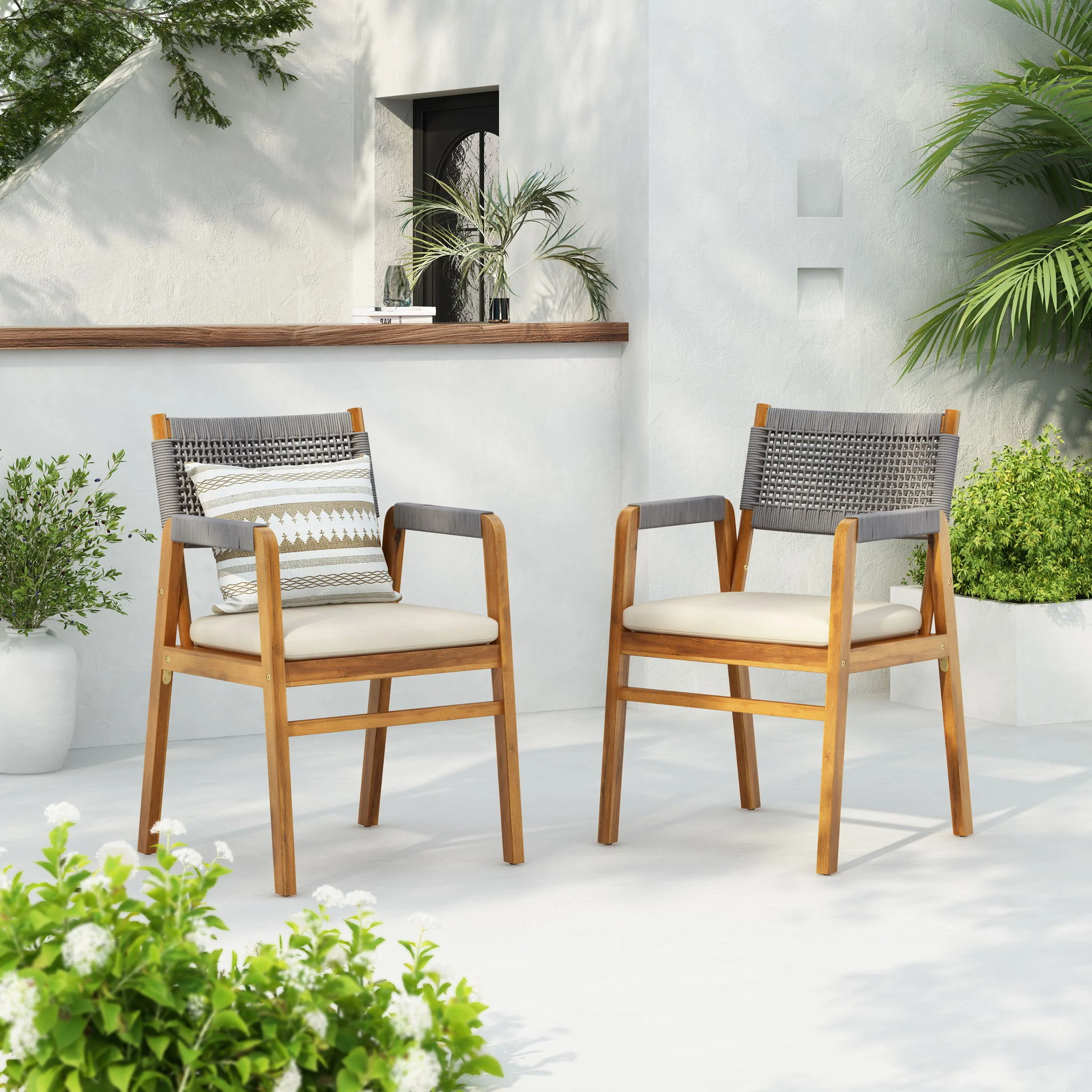 Outdoor Acacia Wood Dining Armchair With Cushion (Set of 2) - Image 13