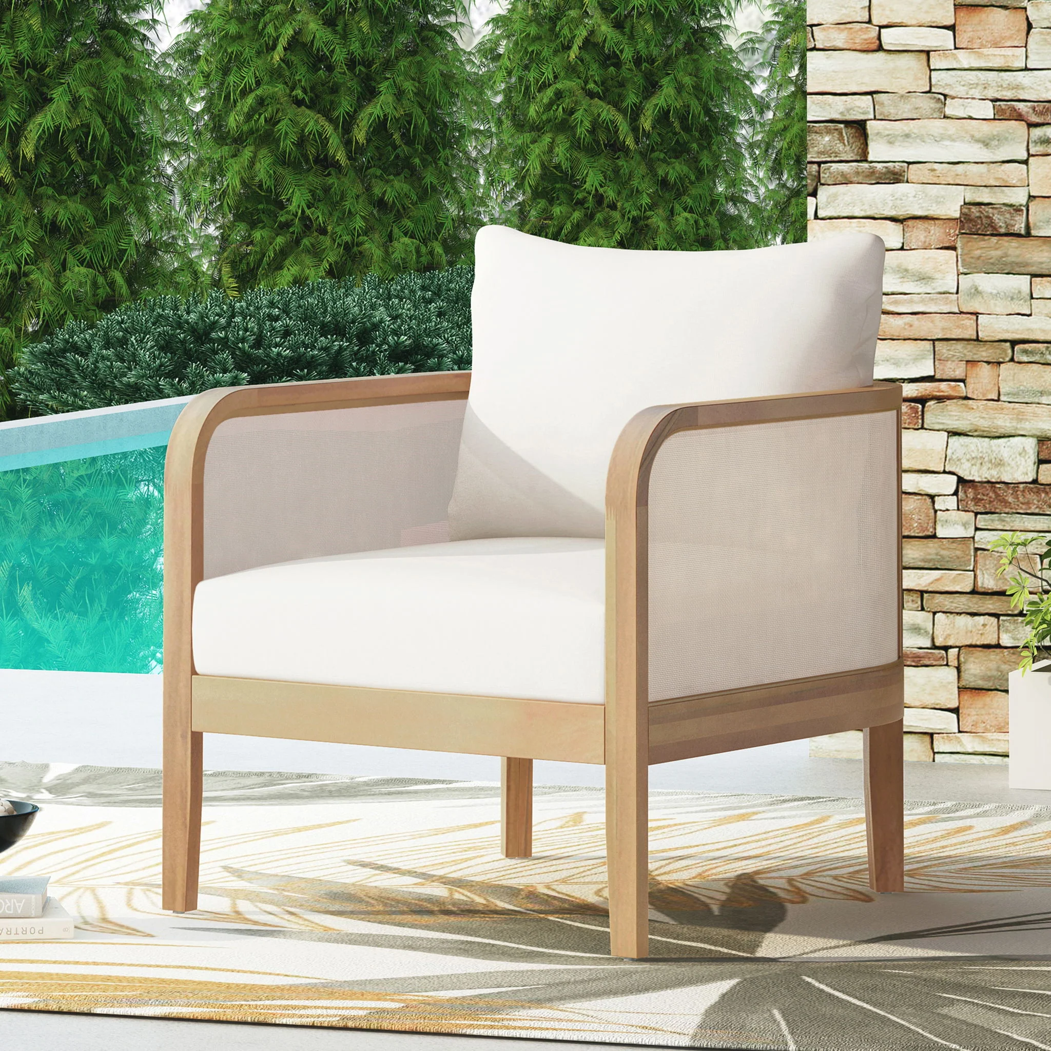 Outdoor Acacia Wood Patio Club Chair, Textilene Patio Furniture, Waterproof Thick Cushion Deep Seating For Porch, Garden, Backyard, Balcony, Weight Capacity 400Lbs, Light Teak - Beige - Image 2