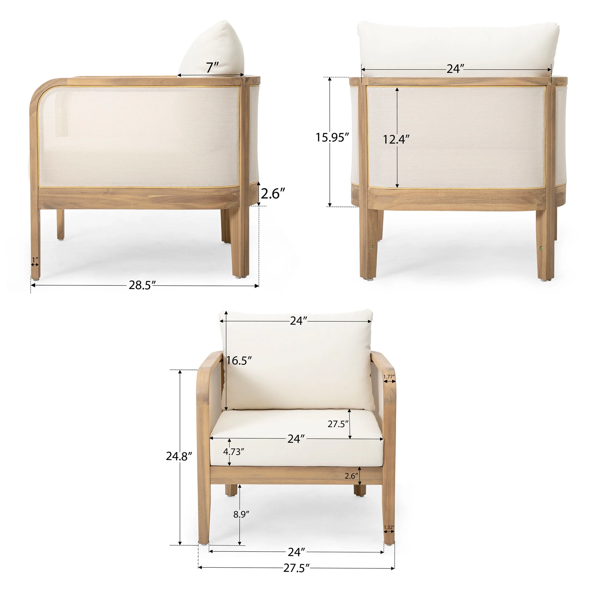 Outdoor Acacia Wood Patio Club Chair, Textilene Patio Furniture, Waterproof Thick Cushion Deep Seating For Porch, Garden, Backyard, Balcony, Weight Capacity 400Lbs, Light Teak - Beige - Image 3