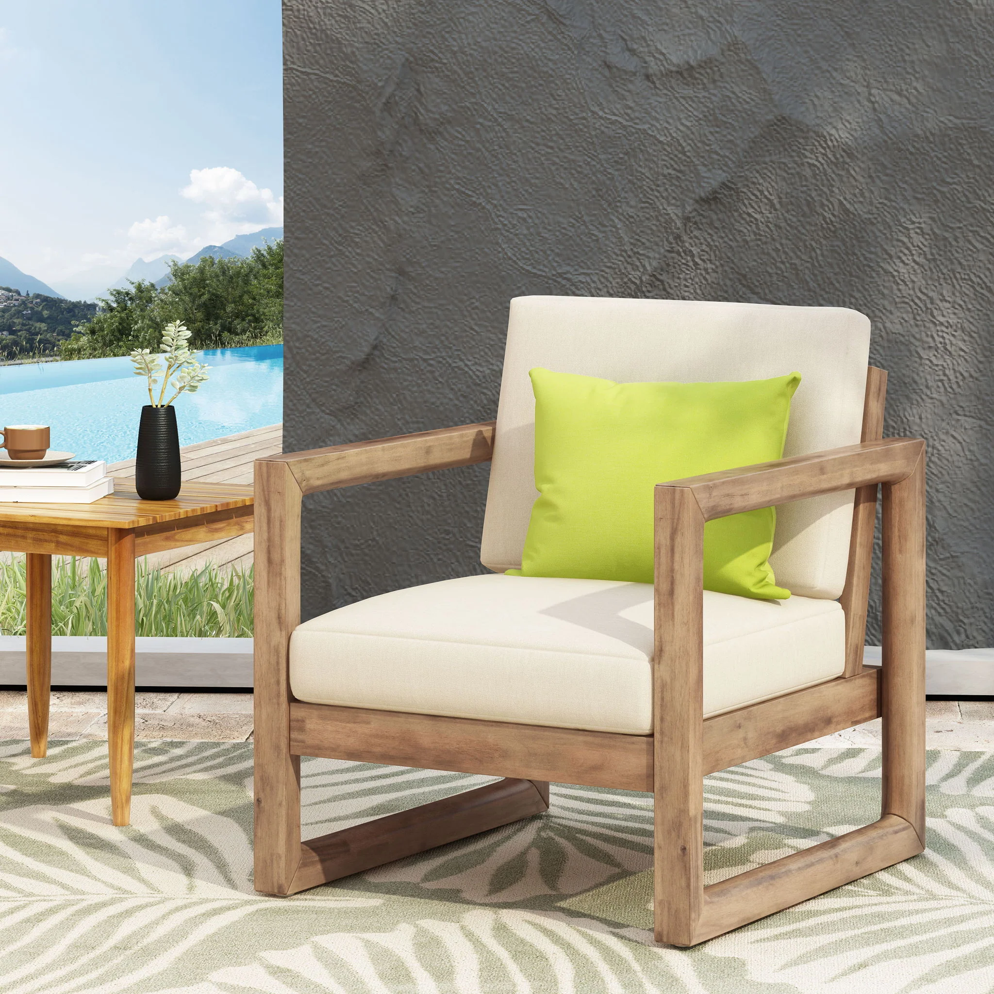 Outdoor Acacia Wood Patio Club Chair, Wood Patio Furniture, Waterproof Thick Cushion Deep Seating For Porch - Brown Wash / Beige - Image 4