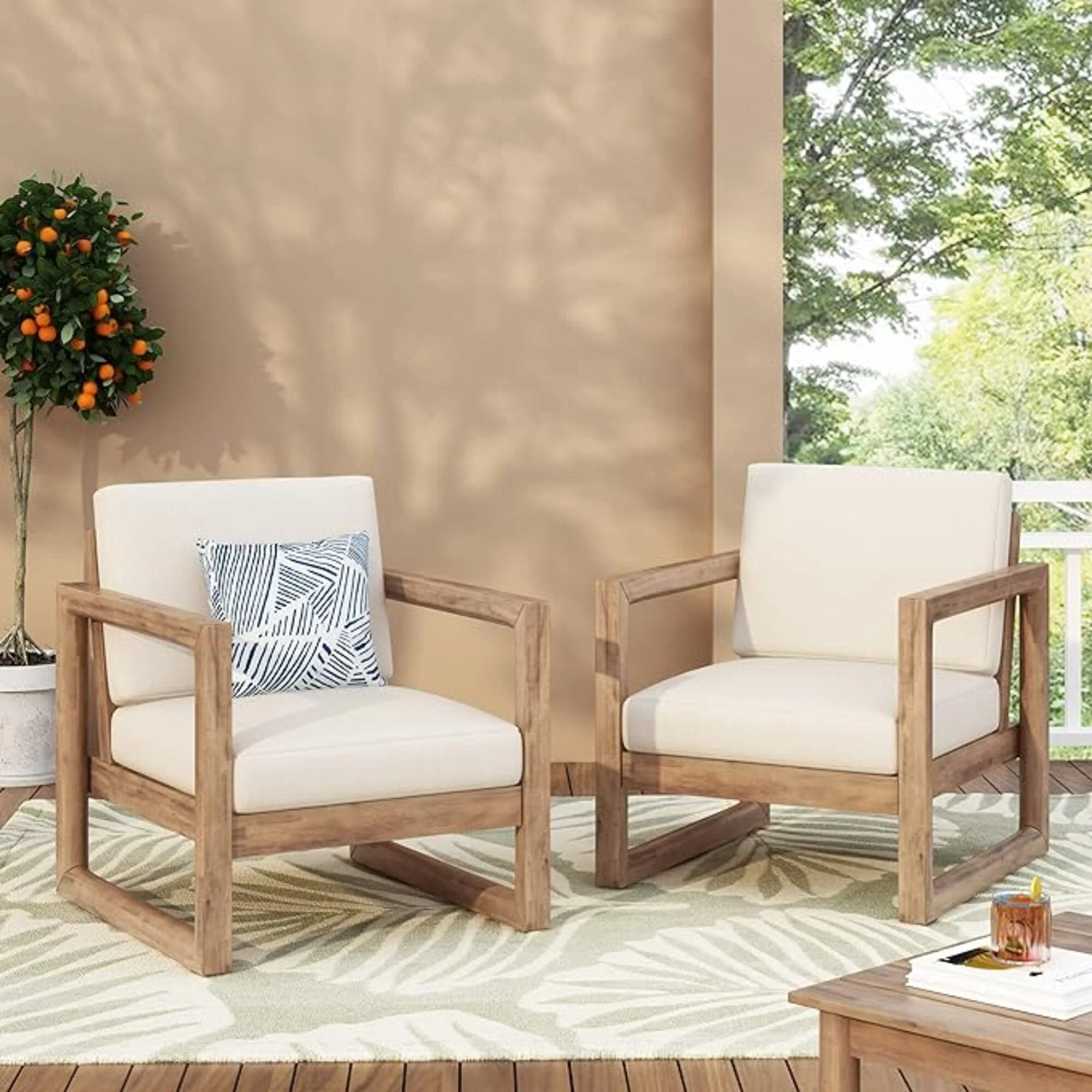 Outdoor Acacia Wood Patio Club Chair, Wood Patio Furniture, Waterproof Thick Cushion Deep Seating For Porch - Brown Wash / Beige - Image 6