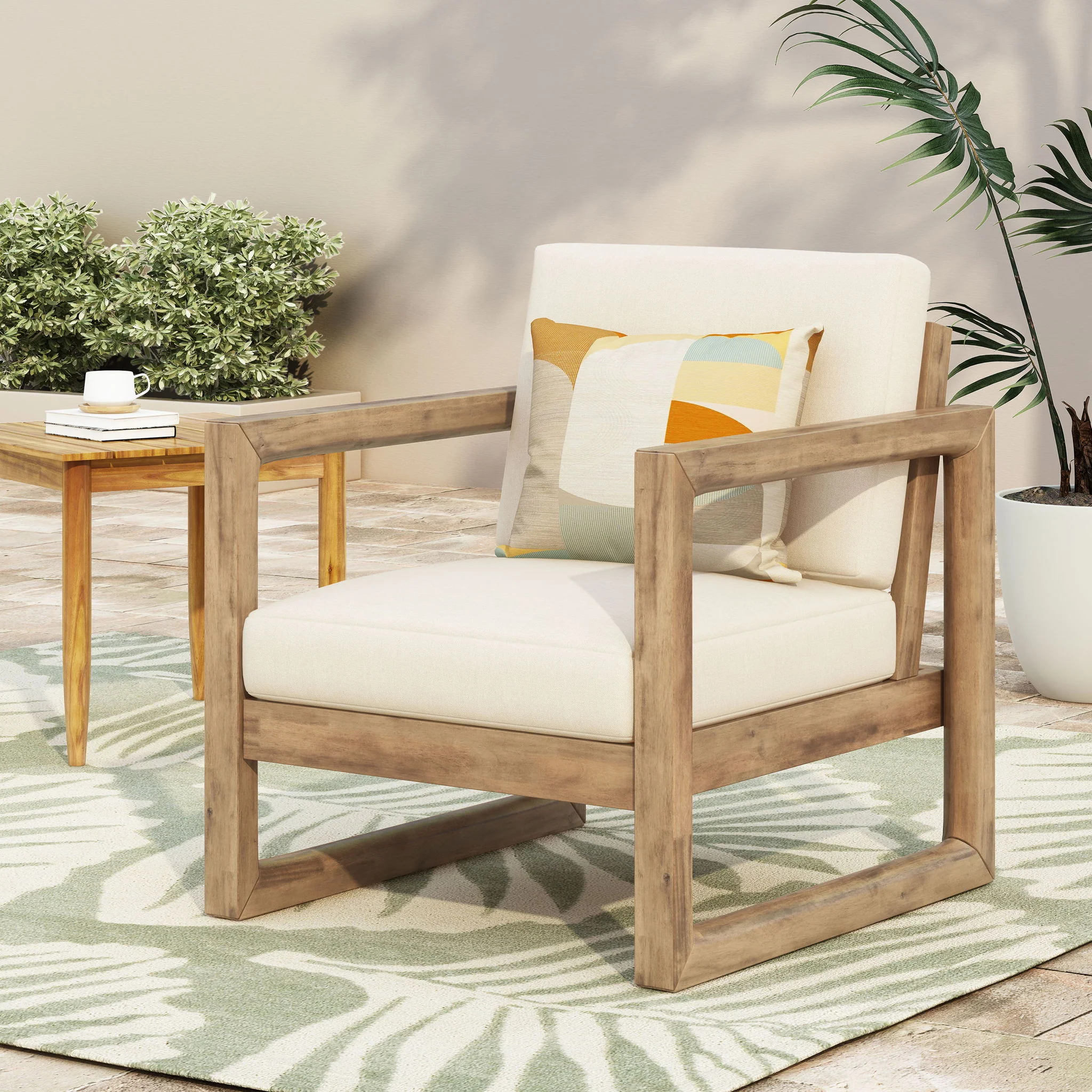 Outdoor Acacia Wood Patio Club Chair, Wood Patio Furniture, Waterproof Thick Cushion Deep Seating For Porch - Brown Wash / Beige - Image 9