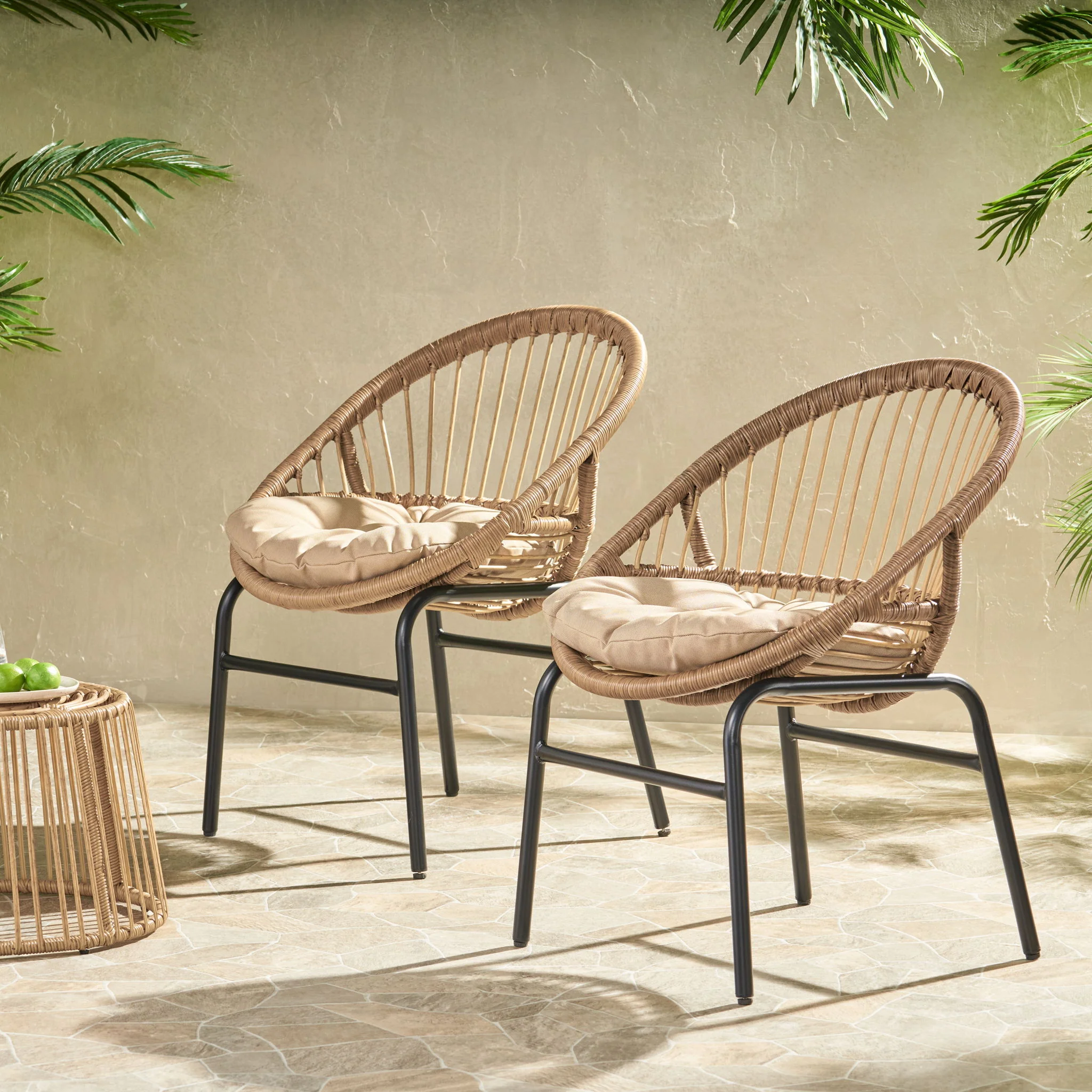 Outdoor Accent Chair With Curved Back And Basket Frame, (Set of 2) - Light Brown / Beige - Image 5