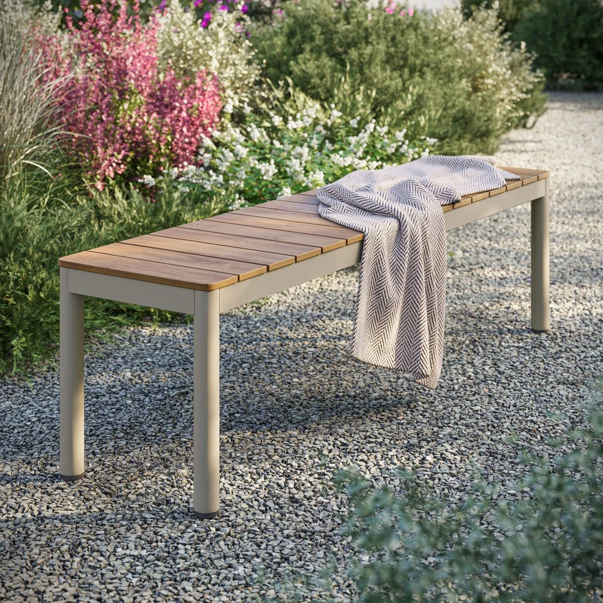 63" Outdoor Aluminum Bench with Faux Wood Top – Natural - Image 9