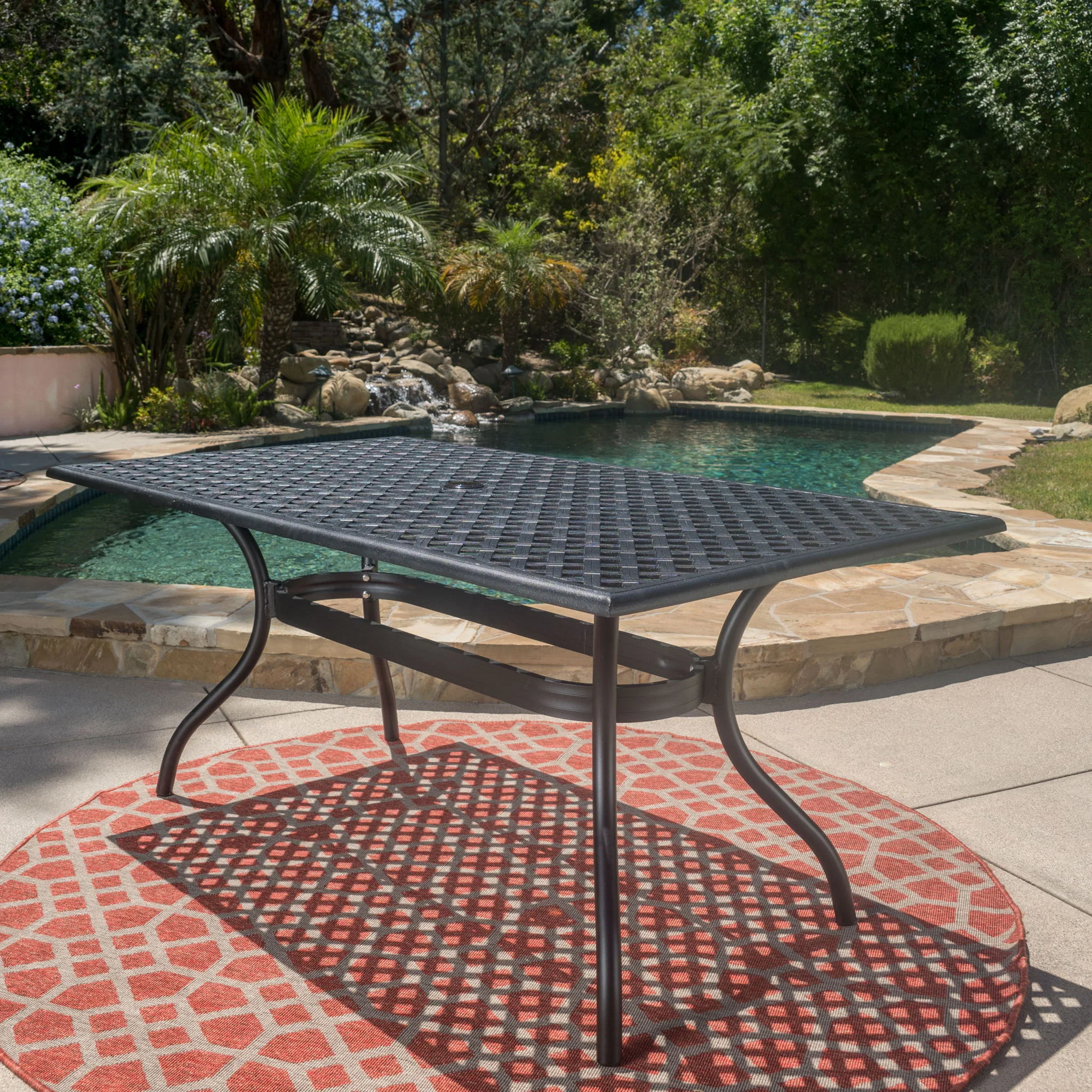 Outdoor Aluminum Dining Table With Lattice Design And Center Umbrella Hole - Black - Image 3