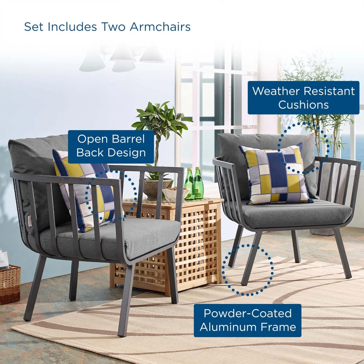 Outdoor Aluminum Patio Armchair Set of 2 Durable Weather-Resistant Seating for Porch - Image 2