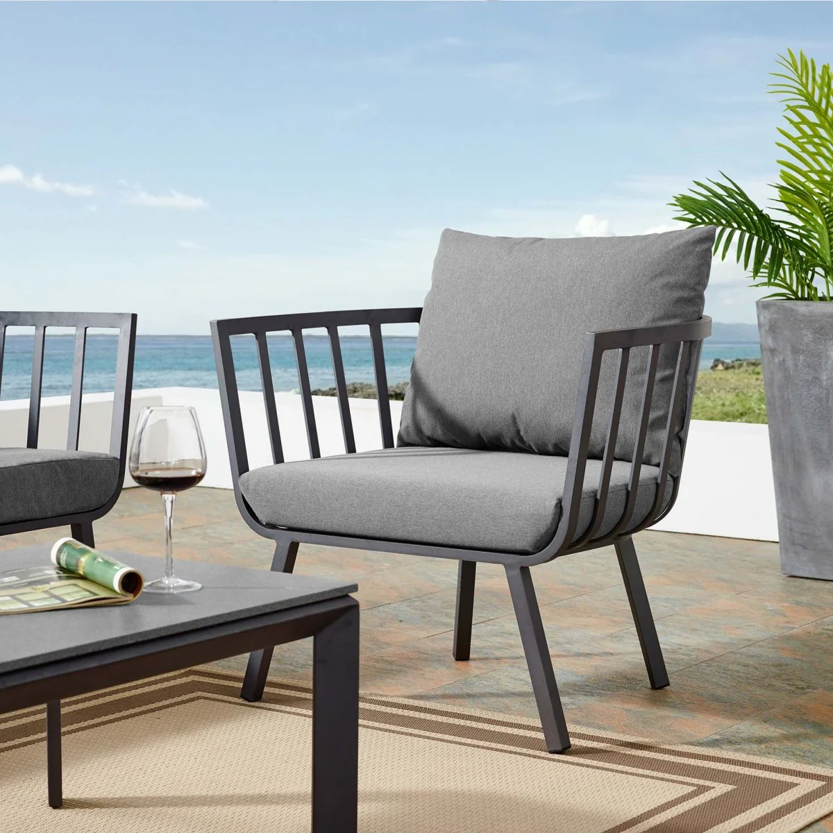 Outdoor Aluminum Patio Armchair with Armrests and Weather-Resistant Slatted Design - Image 28