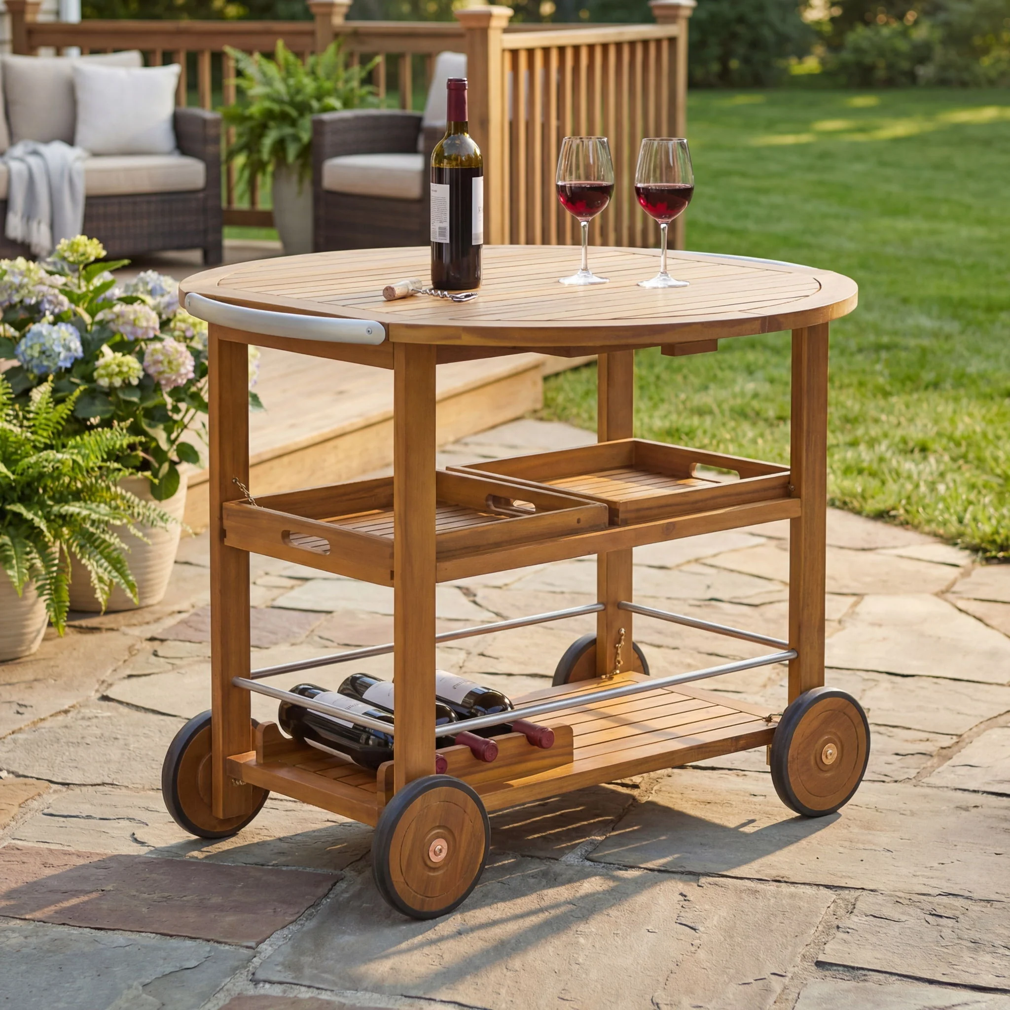 Outdoor Bar Cart With Foldable Tabletop & Removable Trays - Teak - Image 5