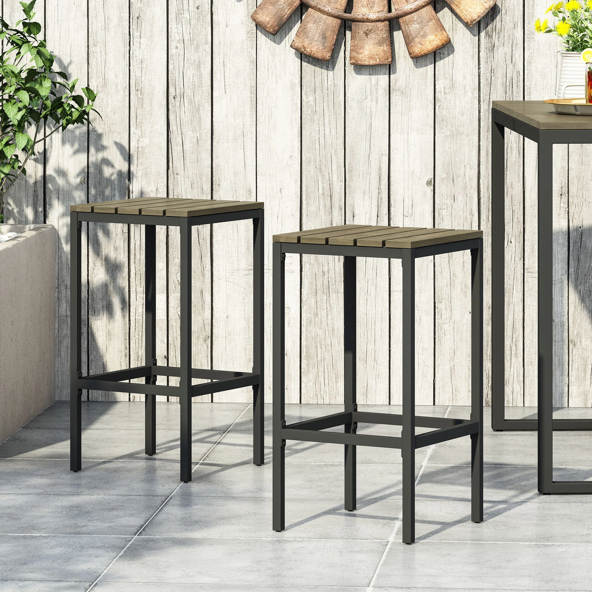 Outdoor Bar Stool With Slat Design And Metal Frame (Set of 2) - Image 11