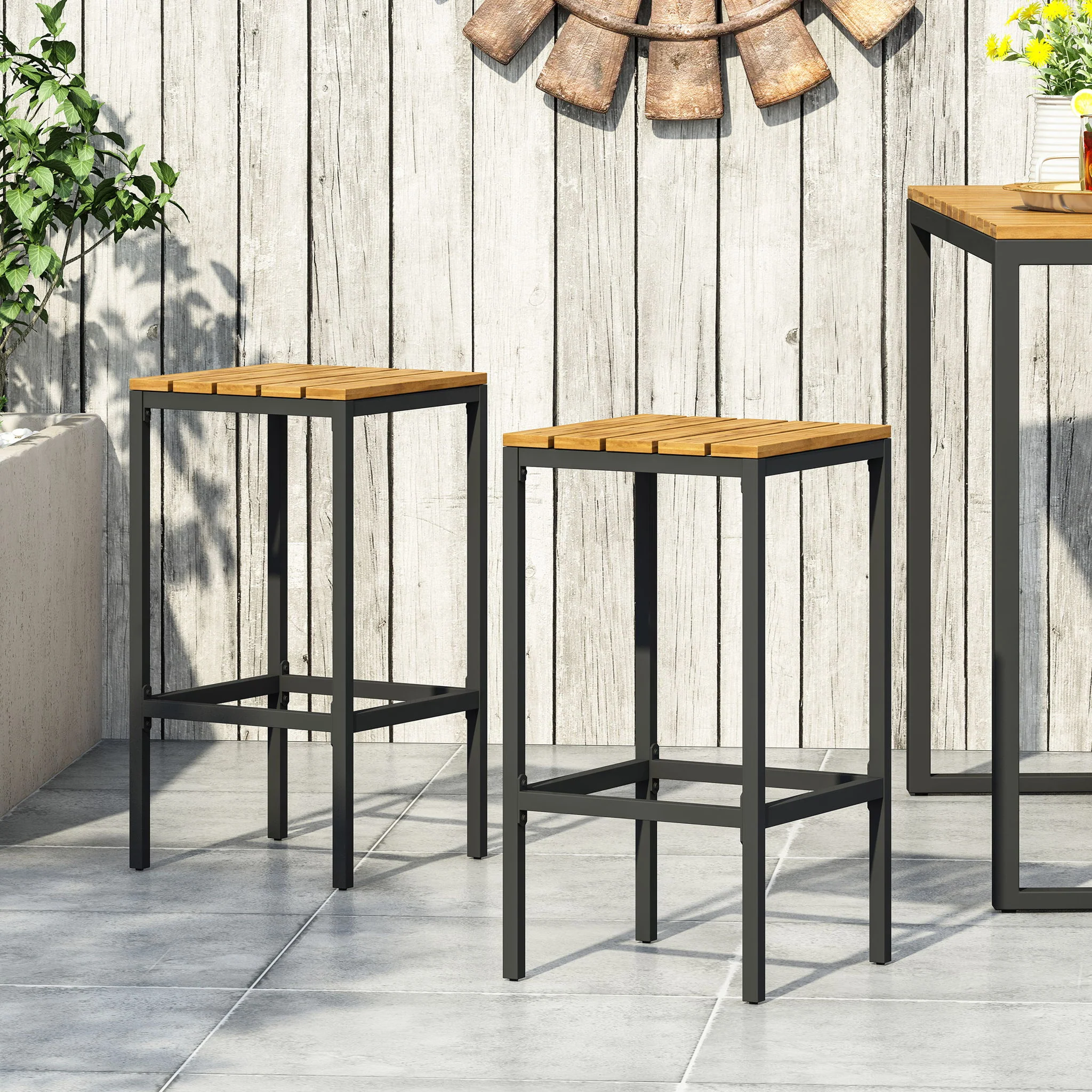 Outdoor Bar Stool With Slat Design And Metal Frame (Set of 2) - Image 13