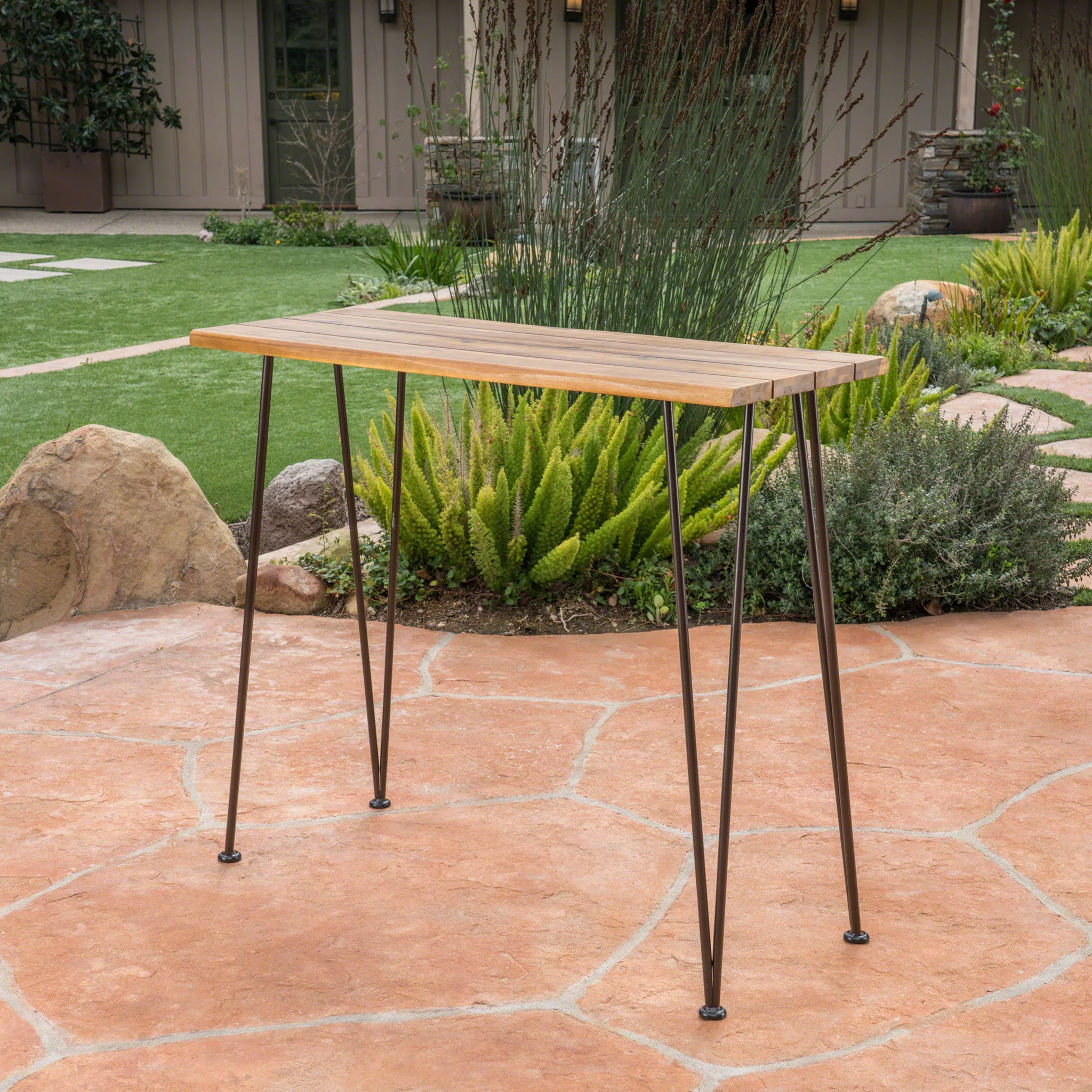 Outdoor Bar Table With Wood Tabletop And Iron Hairpin Legs - Black / Teak - Image 5