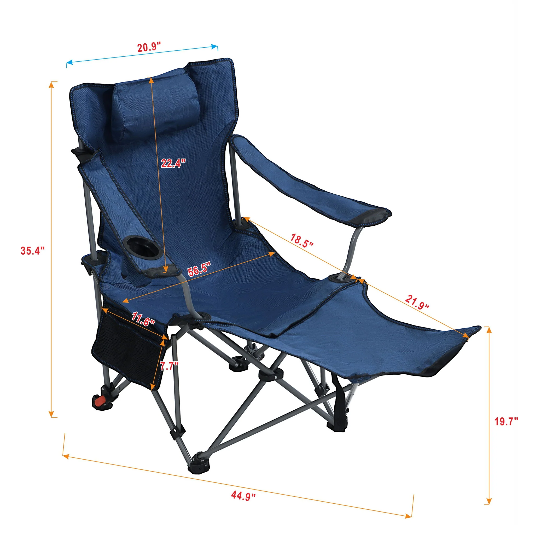 Outdoor Camping Chair With 3 Level Reclining, Side Pockets & Cup Holder, Folding With Carry Bag - Dark Blue - Image 4
