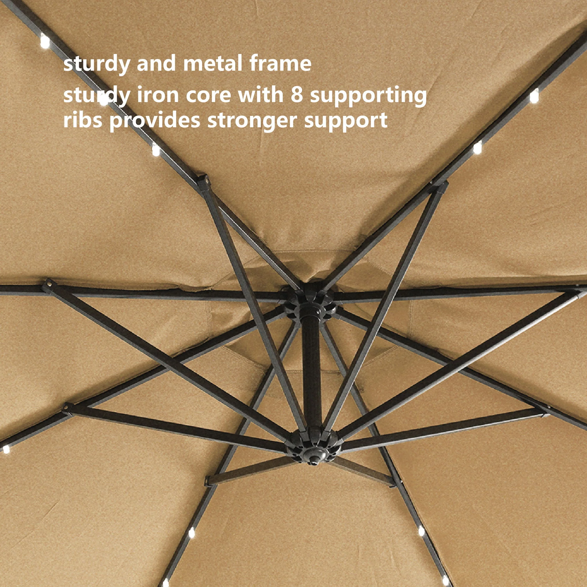 Outdoor Cantilever Patio Umbrella With 32 LED Lights 10 Ft Hanging Design Easy Open Adjustment Metal Frame - Taupe - Image 8