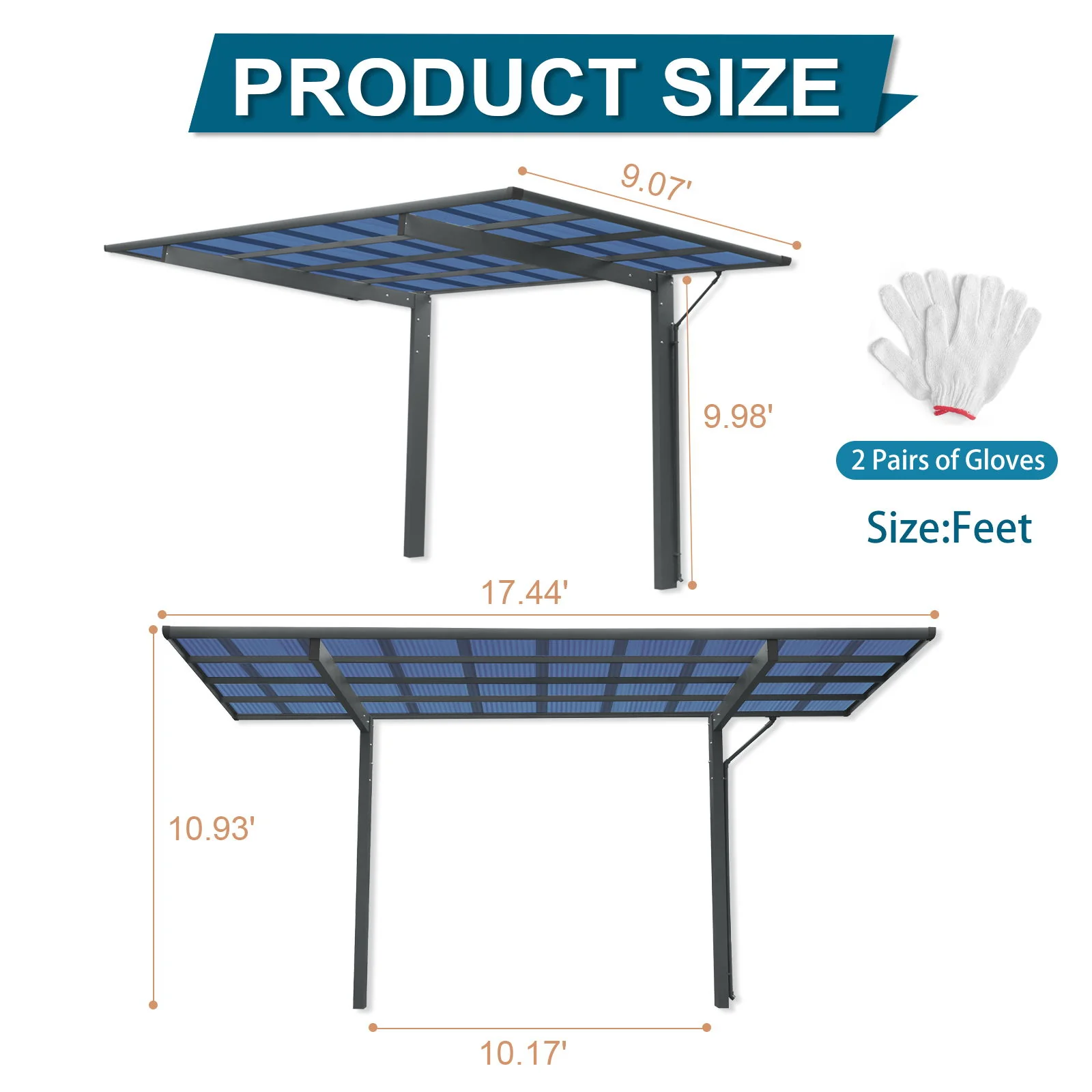 Outdoor Carport, Single Carport Aluminum Metal Frame And Polycarbonate Panels Car Port For Outdoor Driveway Car, Truck - Charcoal - Image 3