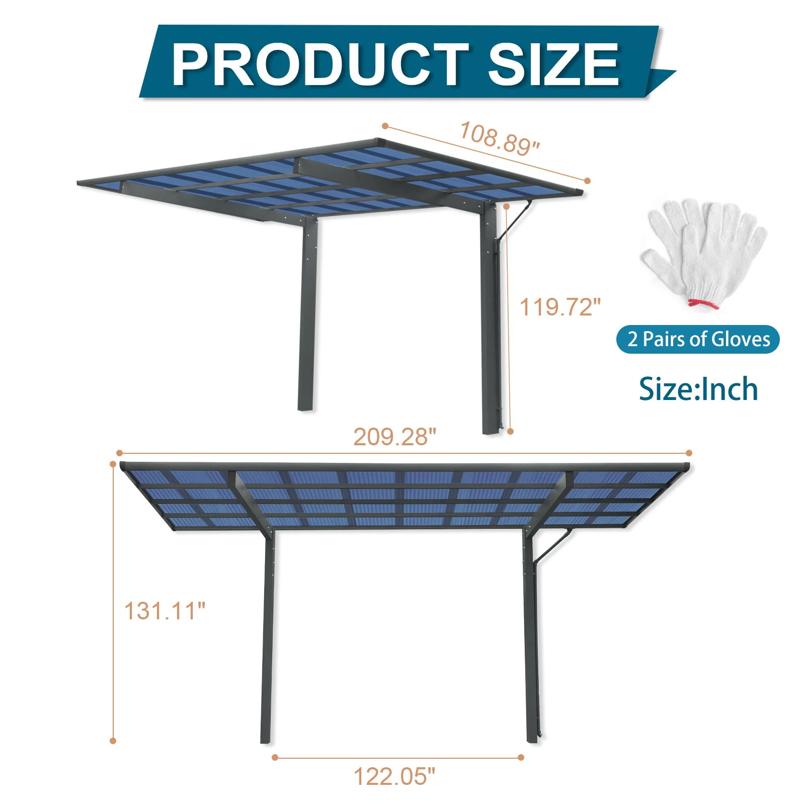 Outdoor Carport, Single Carport Aluminum Metal Frame And Polycarbonate Panels Car Port For Outdoor Driveway Car, Truck - Charcoal - Image 7