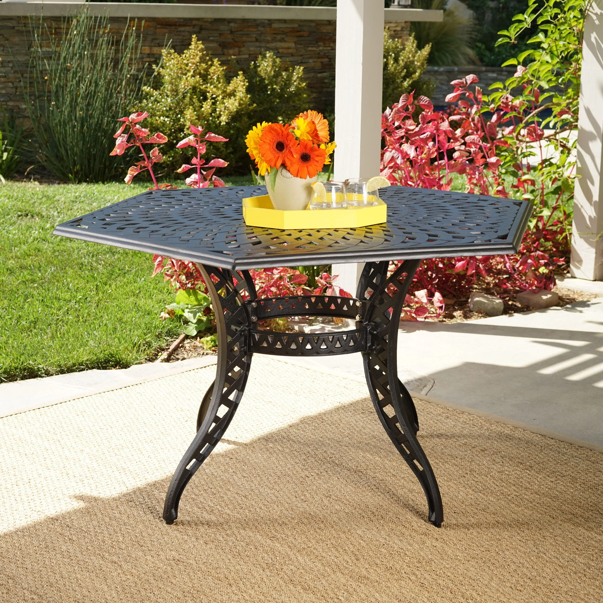 Outdoor Cast Aluminum Dining Table With Lattice Top And Umbrella Hole - Black - Image 3