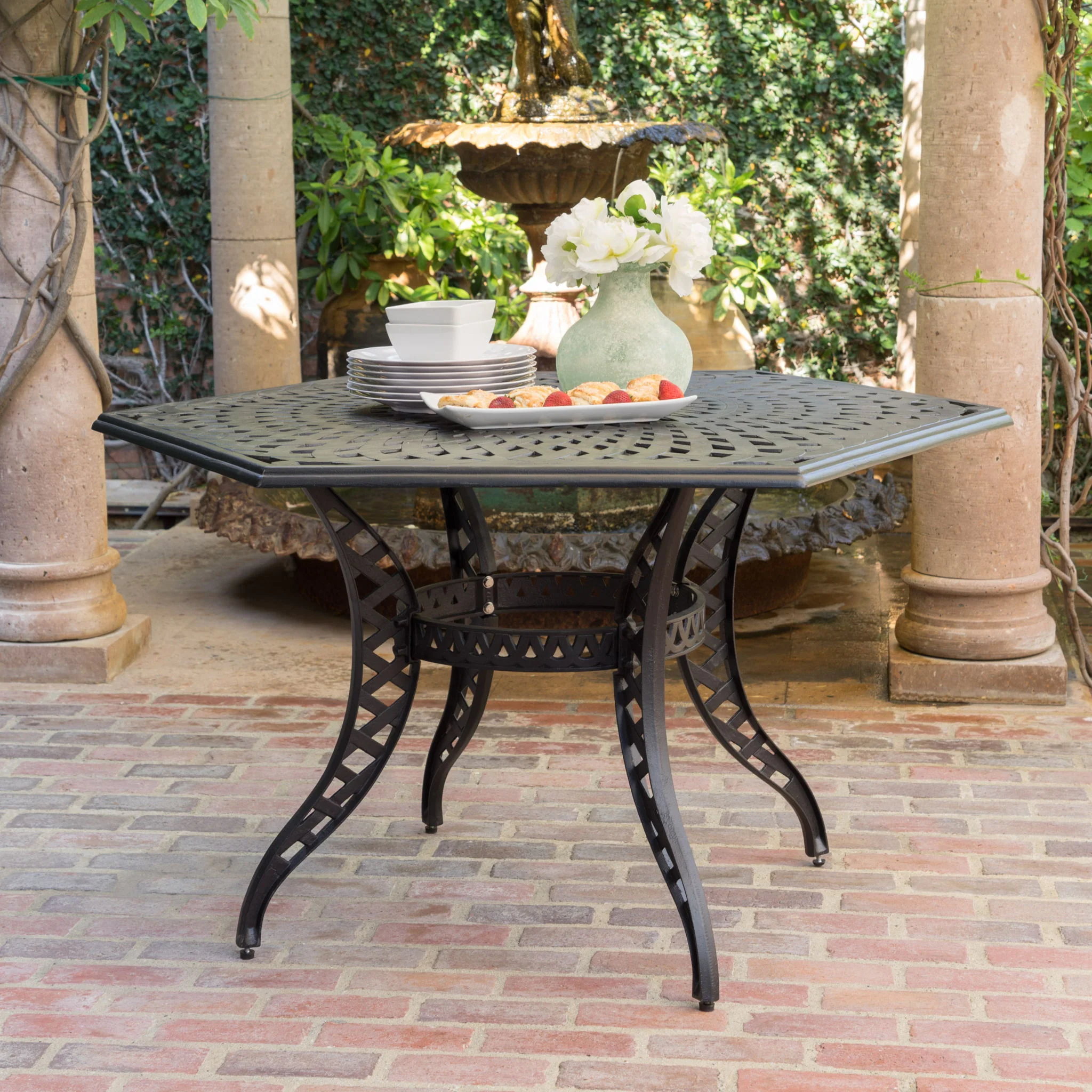 Outdoor Cast Aluminum Dining Table With Lattice Top And Umbrella Hole - Black - Image 6