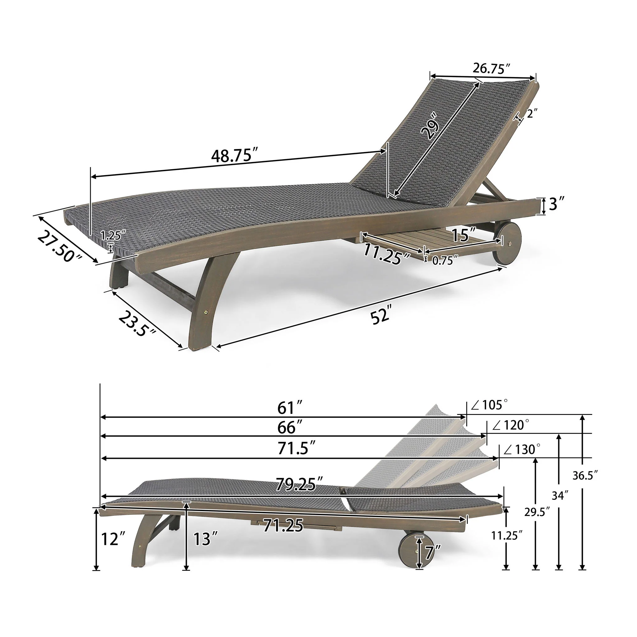 Outdoor Chaise Lounge With Pull Out Tray And Wicker Seat - Gray - Image 9