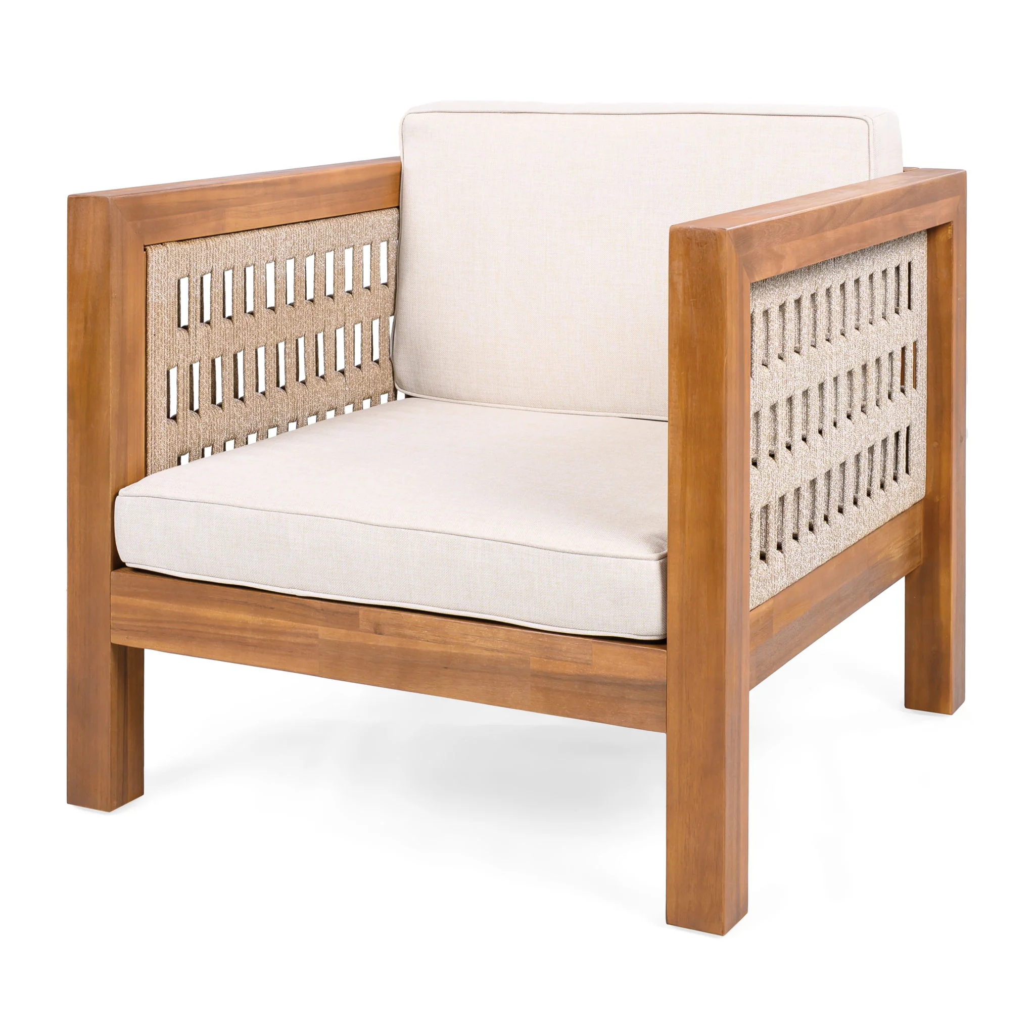 Outdoor Club Chair & Rope Arm And Cushions - Beige / Teak - Image 6
