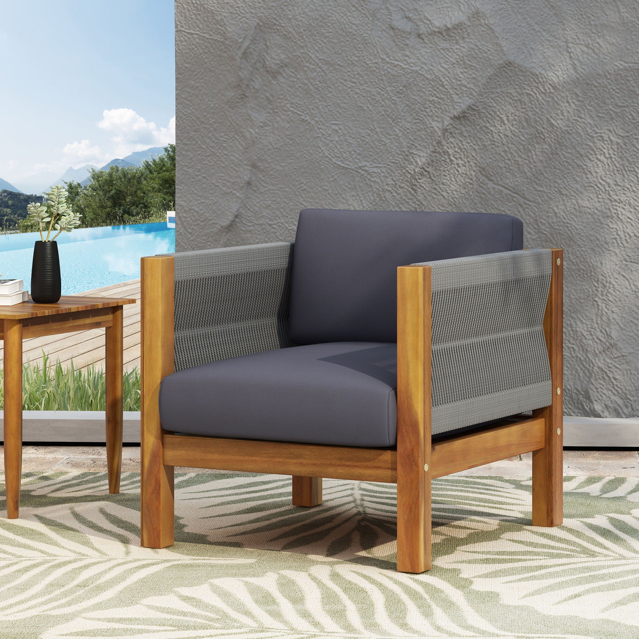 Outdoor Club Chair With Rattan Rope Wave - Dark Gray - Image 8