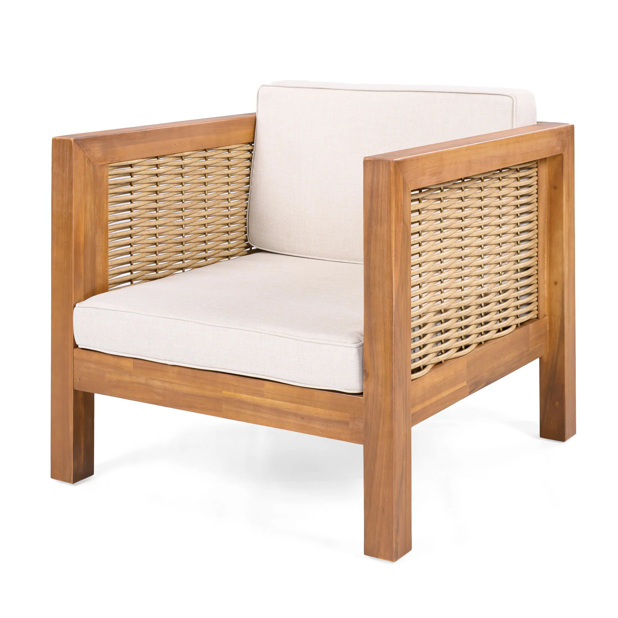 Outdoor Club Chair With Rope Arm And Cushions - Beige / Teak - Image 4