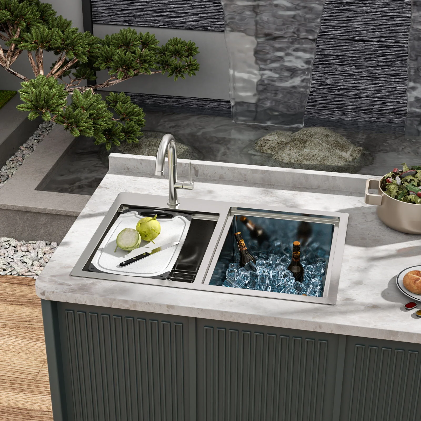 Outdoor Double Bowl Drop In Sink With Workstation - Brushed Nickel - Image 2