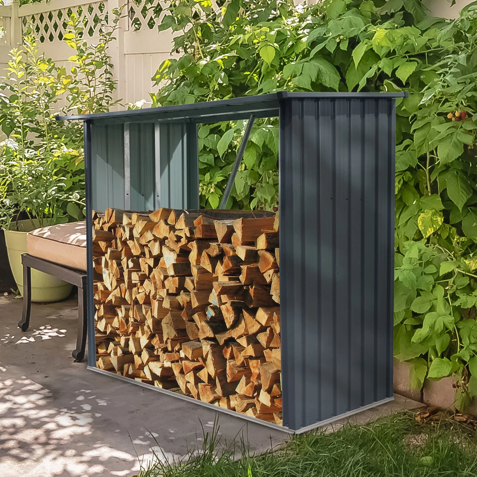 Outdoor Firewood Storage Rack Shed Heavy Duty Metal Wood Holder 86x61in Black - Image 6