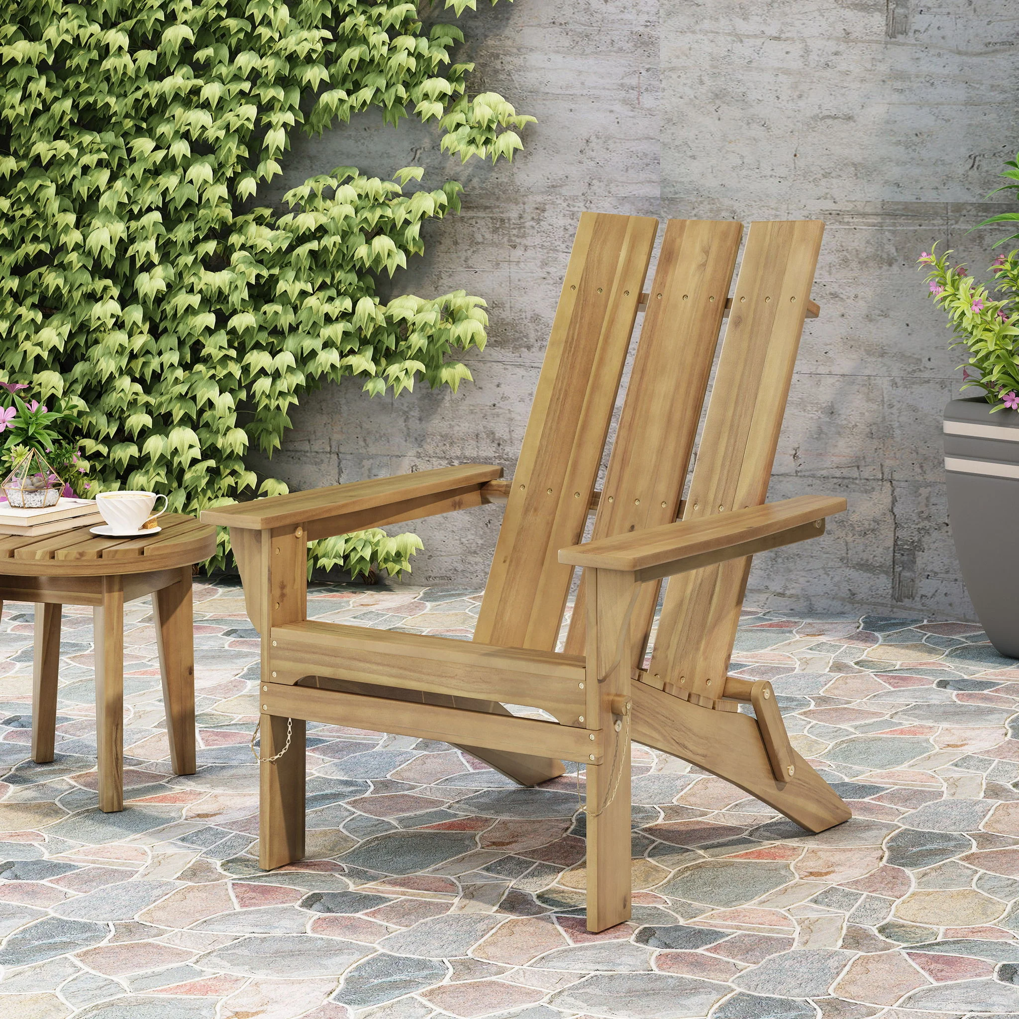 Outdoor Foldable Adirondack Chair With Slat Back - Natural - Image 7