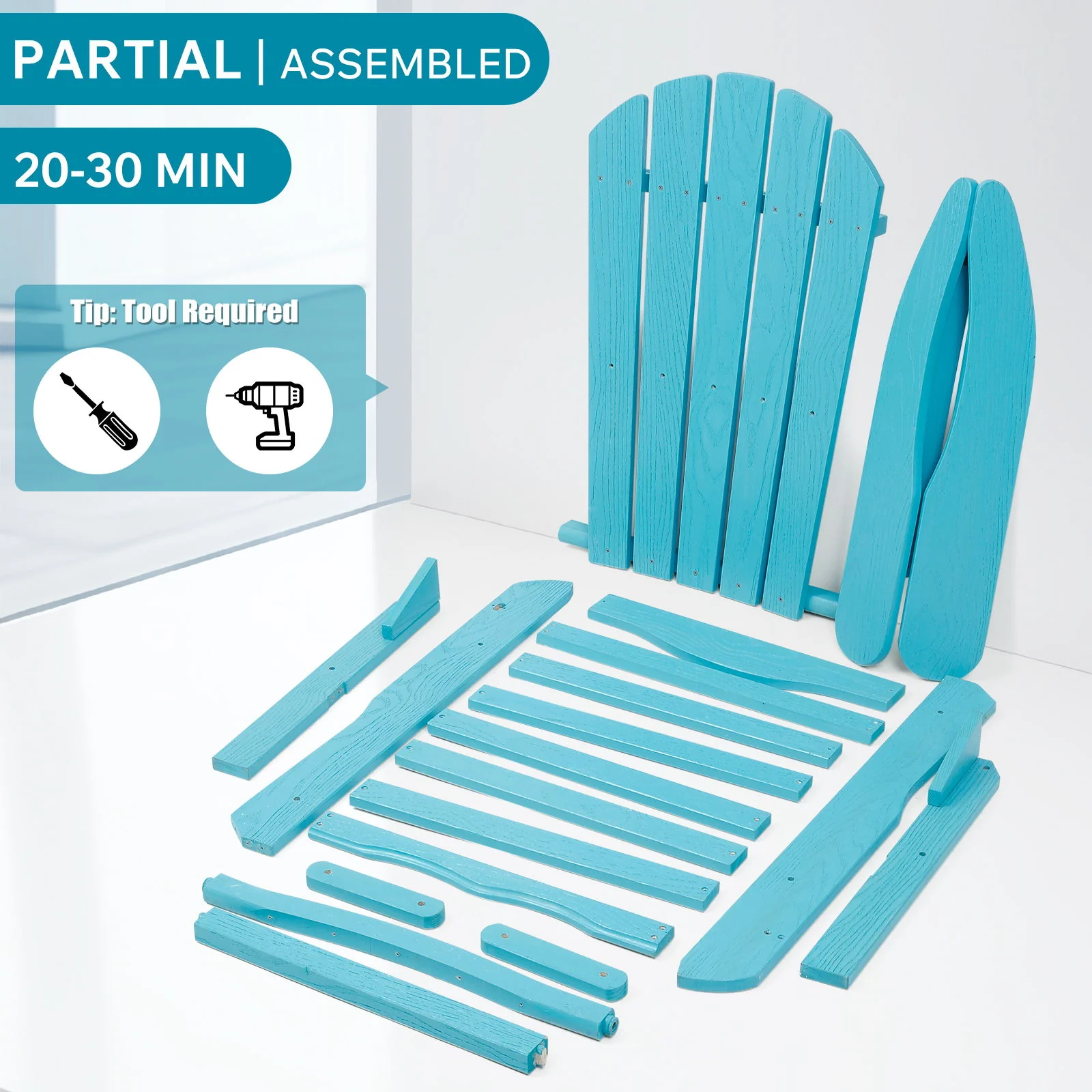 Outdoor Folding Adirondack Chair Patio With Natural Grain Texture - Turquoise Blue - Image 2