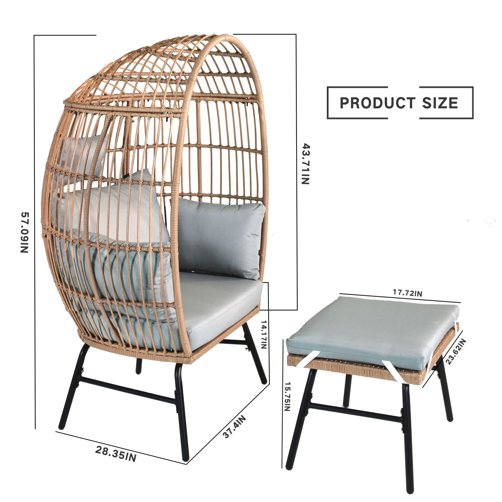 Outdoor Garden Wicker Egg Chair And Footstool Patio Chaise, With Cushions, Outdoor Indoor Basket Chair - Image 4