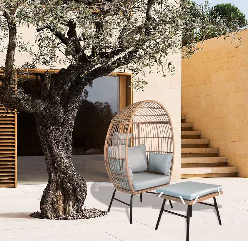 Outdoor Garden Wicker Egg Chair And Footstool Patio Chaise, With Cushions, Outdoor Indoor Basket Chair - Image 5