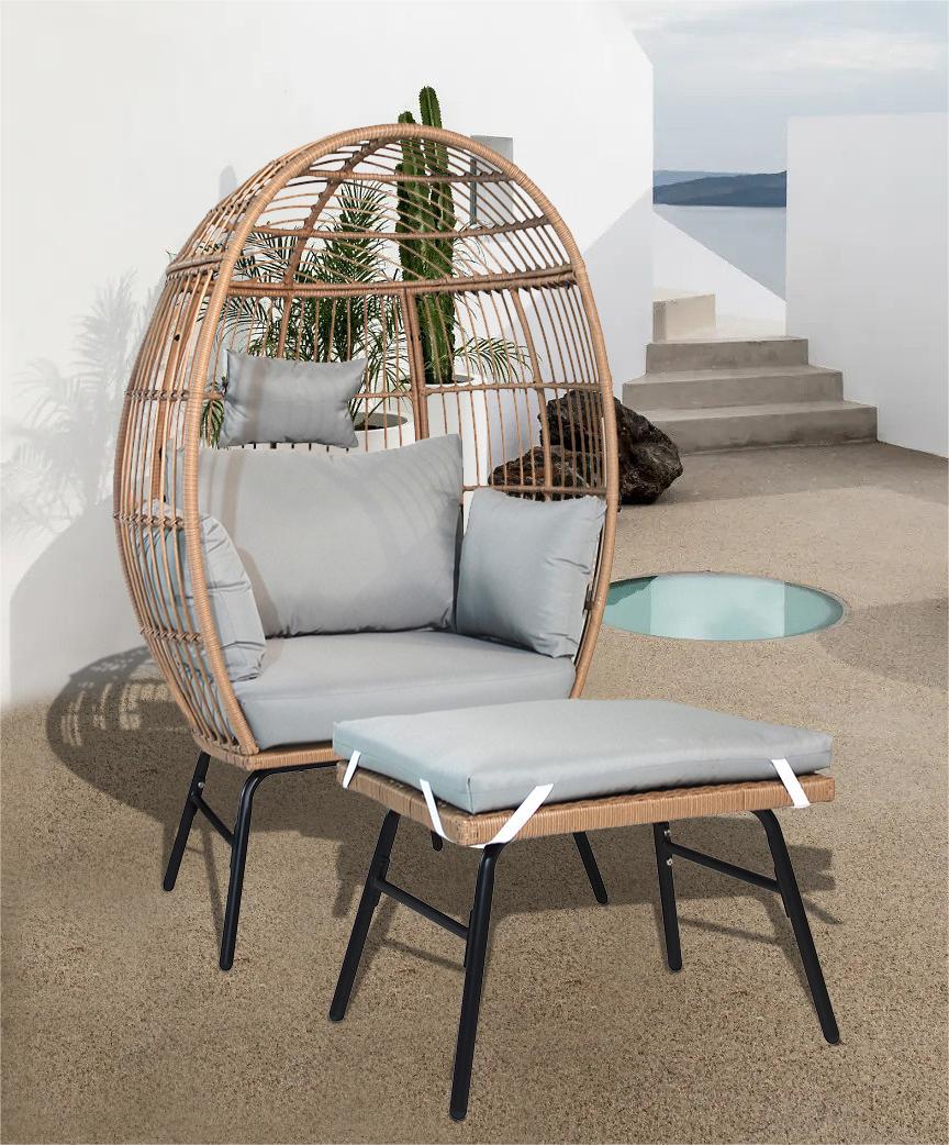 Outdoor Garden Wicker Egg Chair And Footstool Patio Chaise, With Cushions, Outdoor Indoor Basket Chair - Image 6