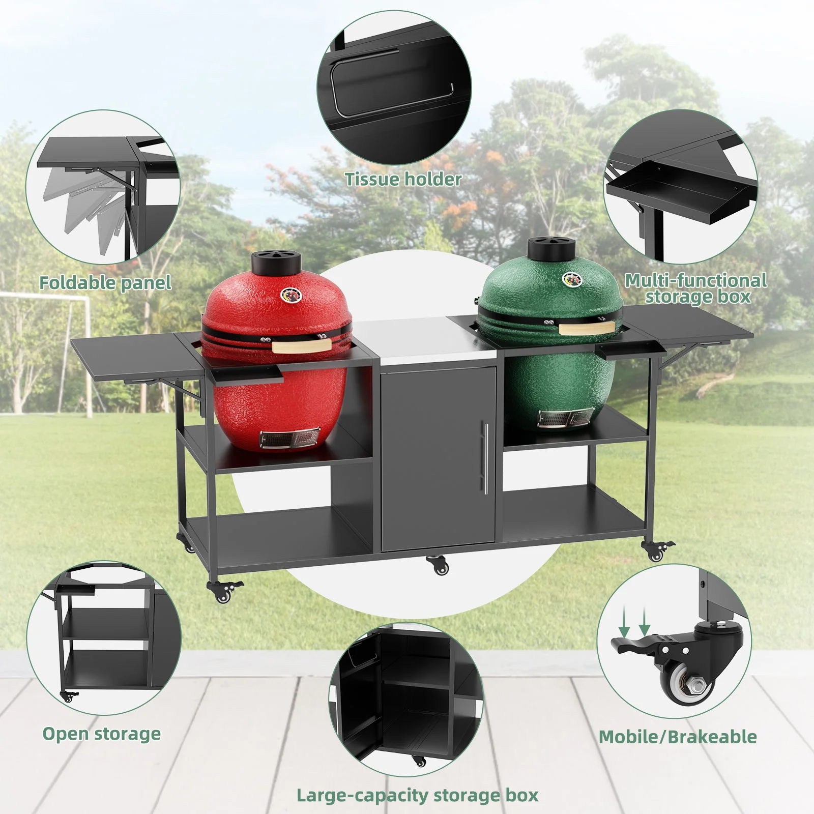 Outdoor Grill Cart For 2 Big Egg - Black / Silver - Image 7