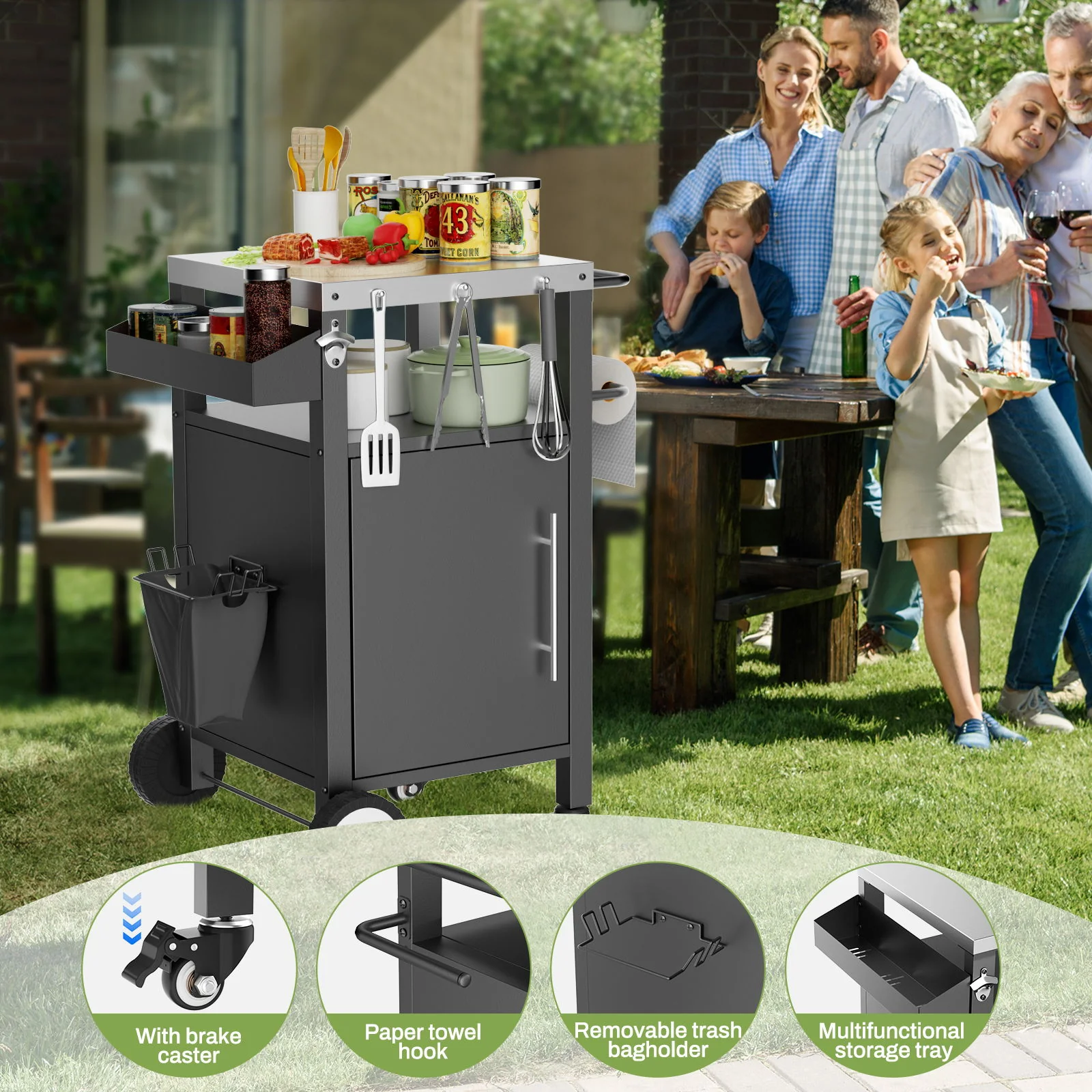Outdoor Grill Cart With Storage, Rolling Bar Cart With Hooks And Spice Rack Stainless Steel - Image 15