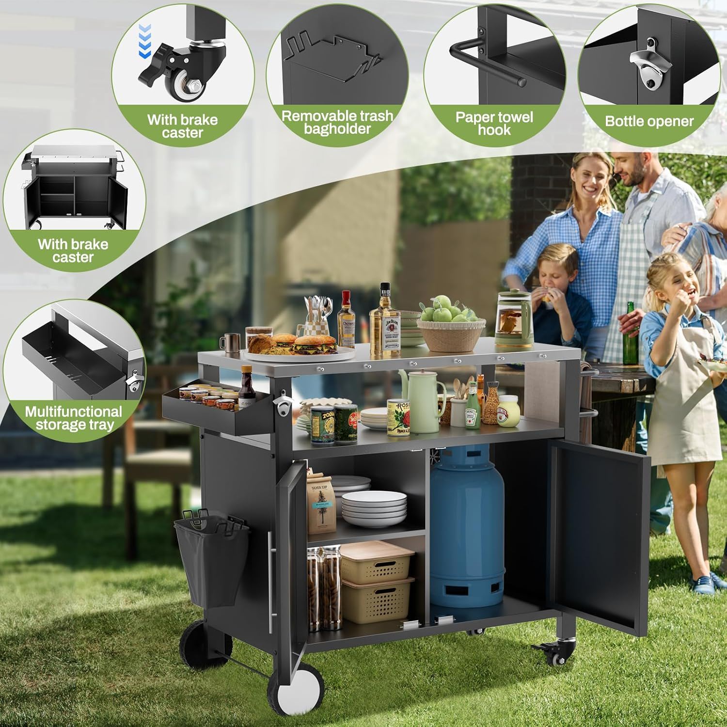 Outdoor Grill Cart With Storage, Rolling Bar Cart With Hooks And Spice Rack Stainless Steel - Image 4