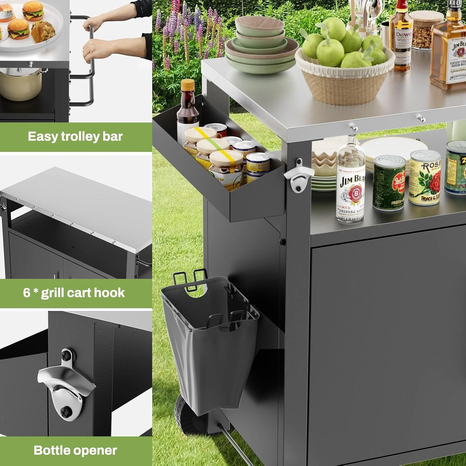Outdoor Grill Cart With Storage, Rolling Bar Cart With Hooks And Spice Rack Stainless Steel - Image 6