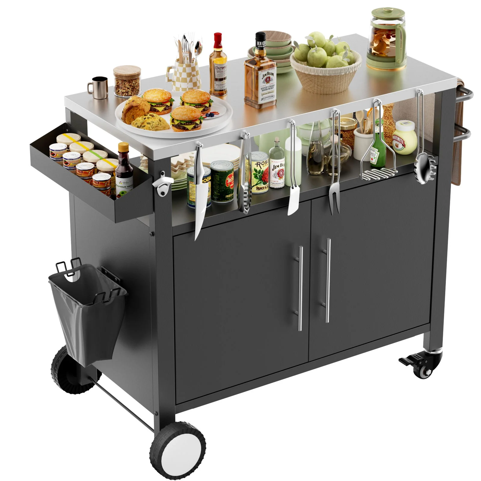 Outdoor Grill Cart With Storage, Rolling Bar Cart With Hooks And Spice Rack Stainless Steel - Image 9