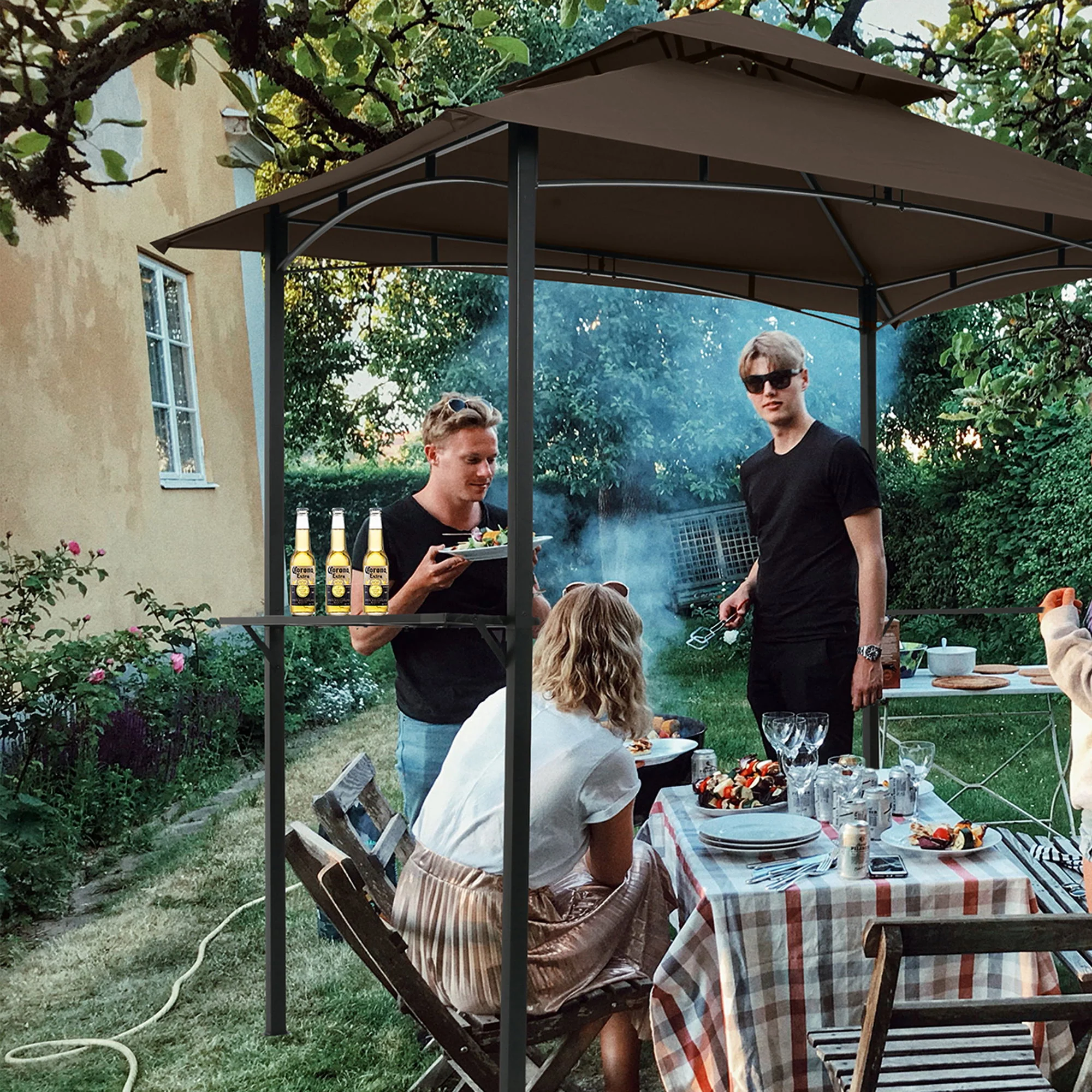 Outdoor Grill Gazebo With Double Tier Soft Top Canopy, Steel Frame, Bar Counters & Hook - Image 4